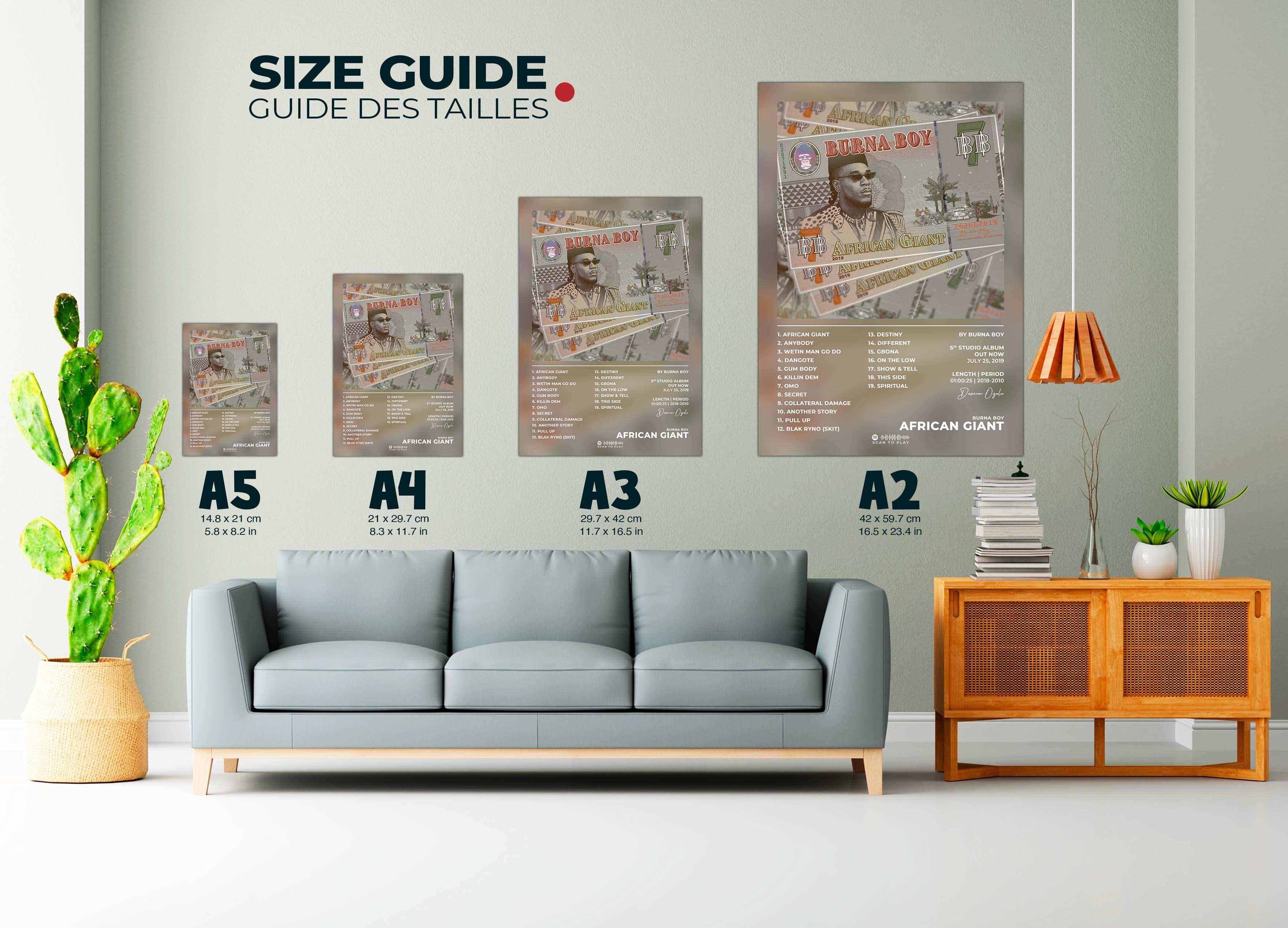 Affiches murales Burna Boy de différentes tailles au-dessus d’un canapé, fait en France, livraison gratuite 48h, cadeau idéal Noël