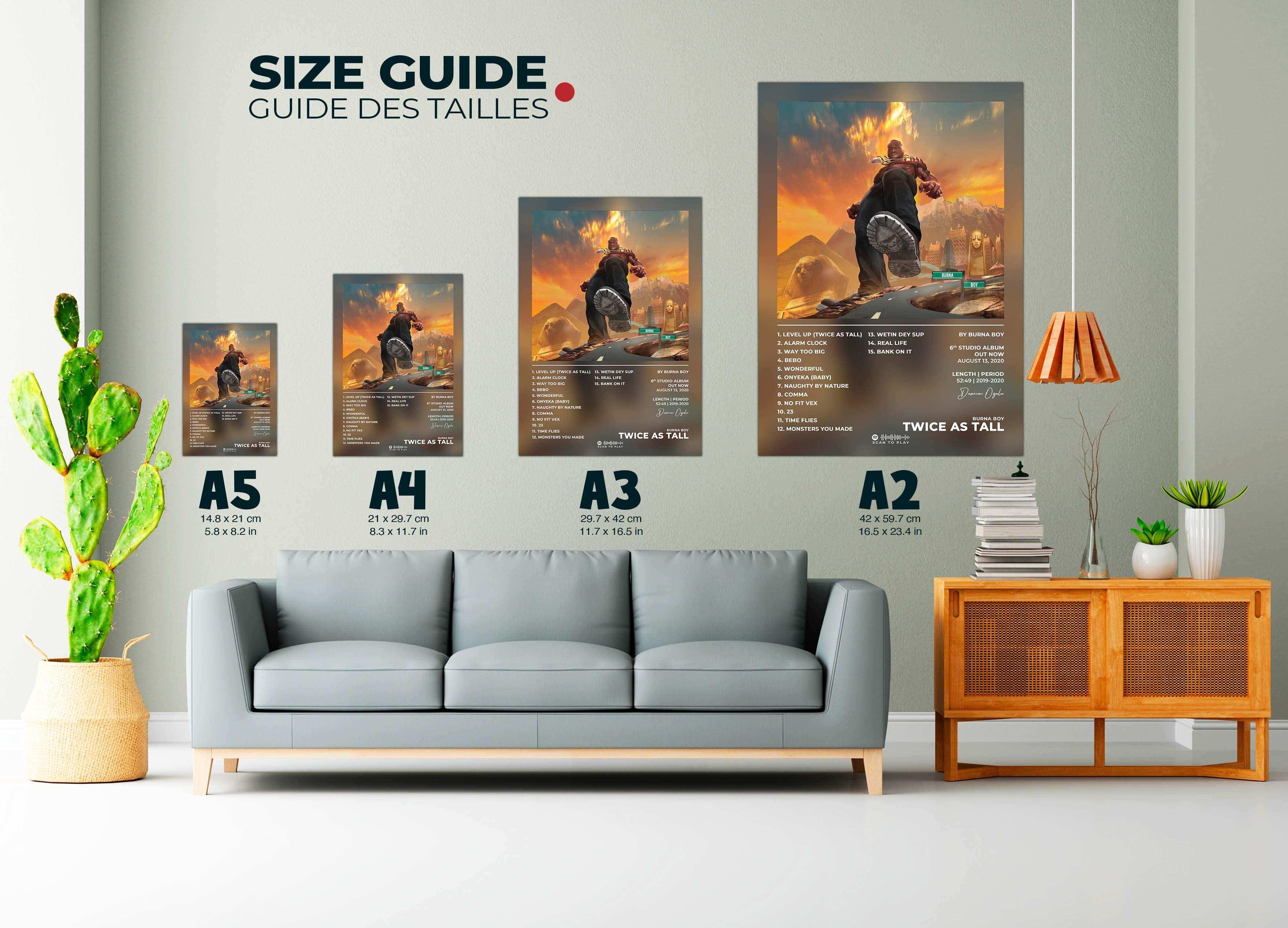 Affiche murale musicale de différentes tailles dans un salon, fait en France, livraison 48h gratuite, cadeau idéal pour Noel.