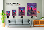 Guide des tailles affiches A5 à A2 sur mur salon avec canapé gris et cactus, fait en France, livraison gratuite 48h