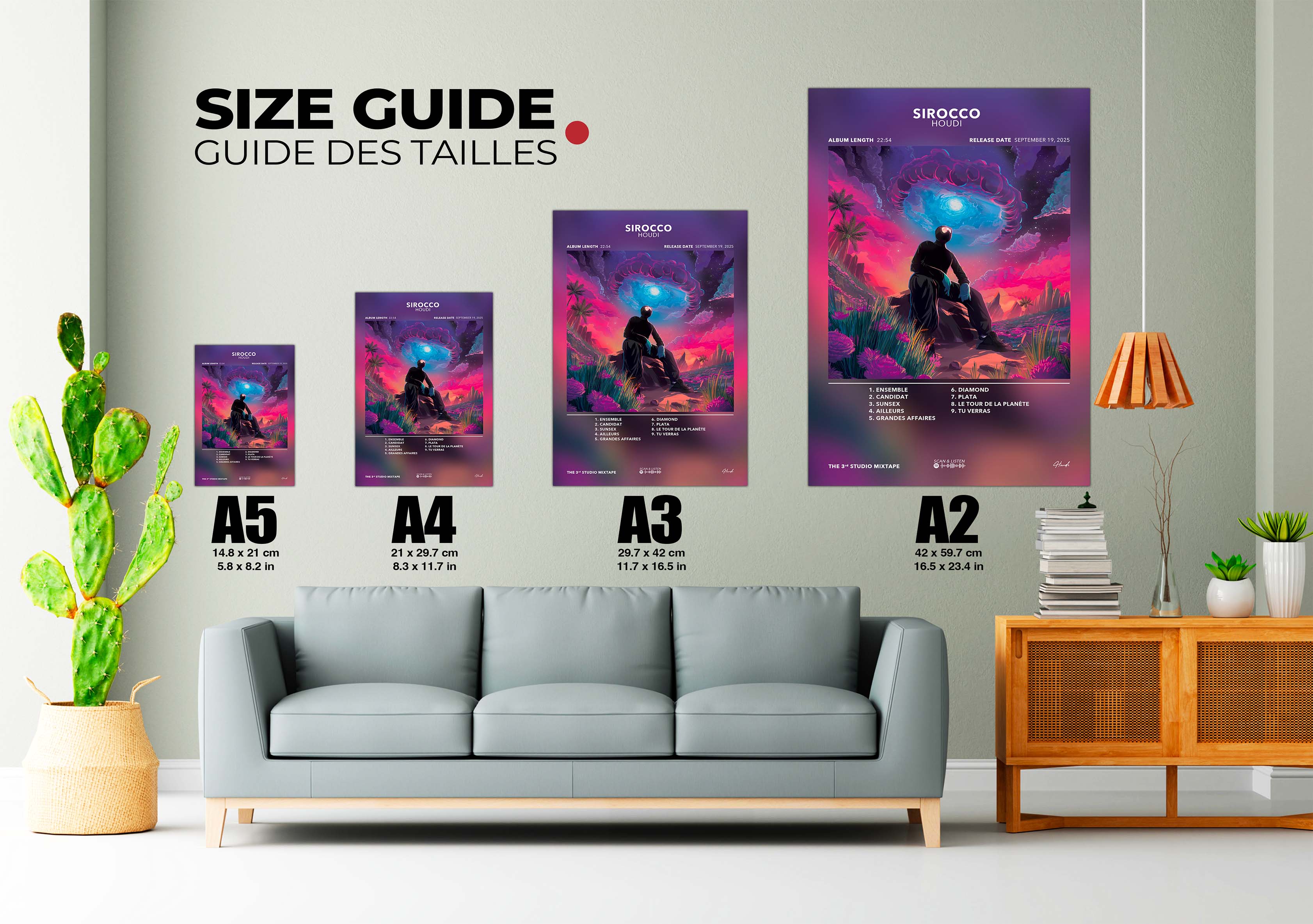 Guide des tailles affiches A5 à A2 sur mur salon avec canapé gris et cactus, fait en France, livraison gratuite 48h