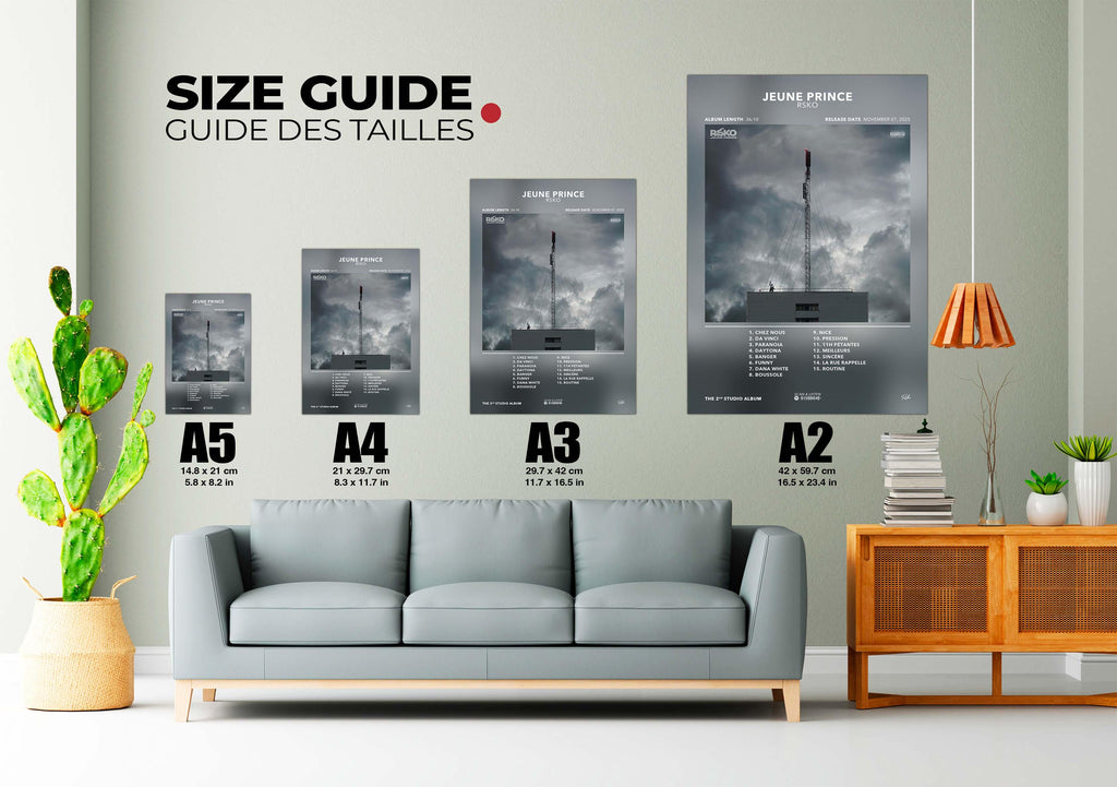 Guide des tailles d'affiches A5 à A2 avec album Jeune Prince sur mur salon, fait en France, livraison gratuite 48h