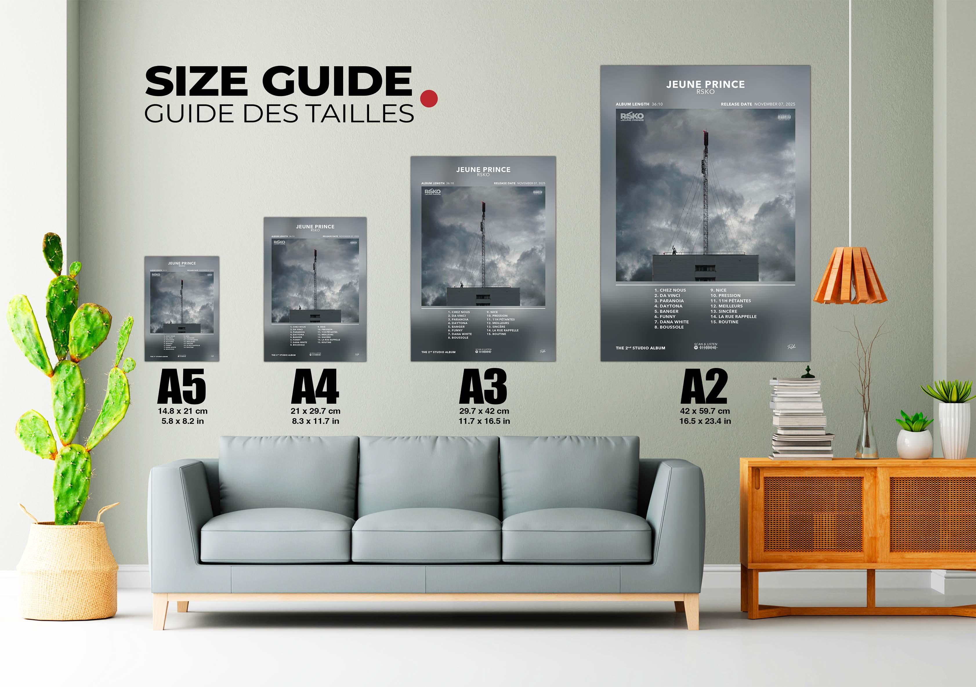 Guide des tailles d'affiches A5 à A2 avec album Jeune Prince sur mur salon, fait en France, livraison gratuite 48h