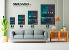 Affiches murales taille A5 à A2 sur un mur de salon moderne, fait en France, livraison gratuite 48h, cadeau idéal pour Noël.