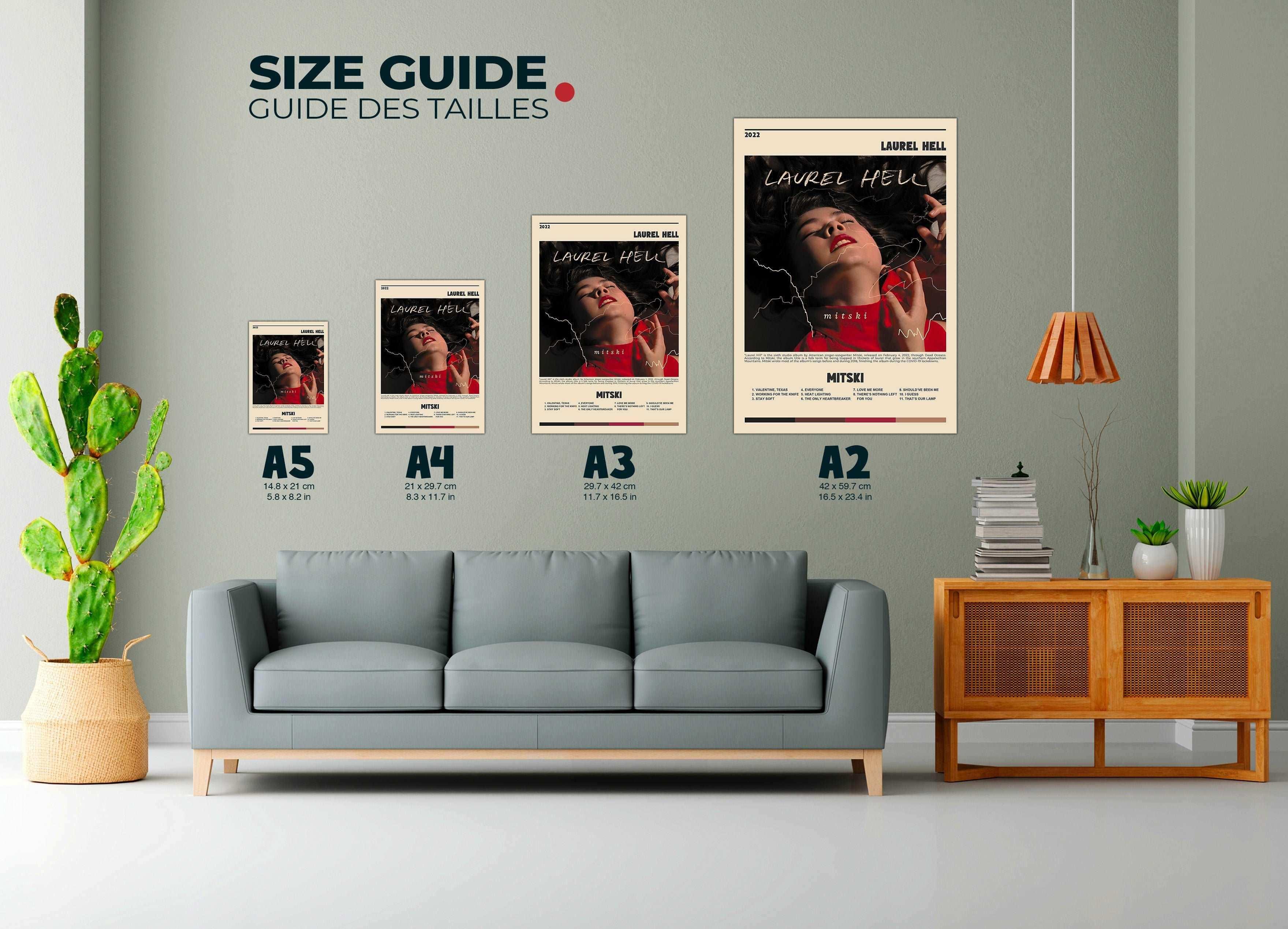 Affiche Laurel Hell Mitski exposée dans un salon, faite en France, livraison gratuite 48h, cadeau idéal Noël