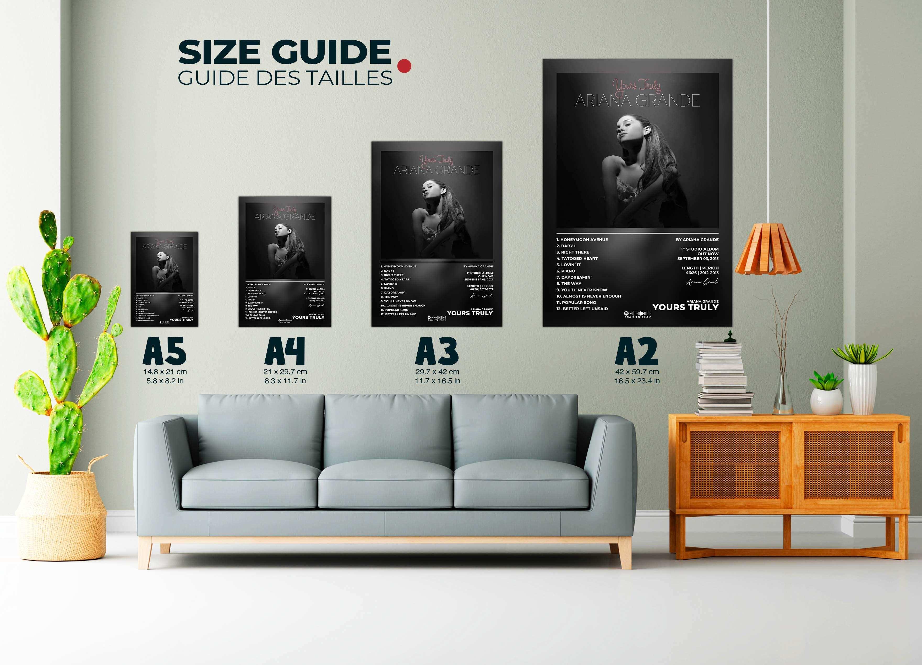 Posters Ariana Grande de différentes tailles sur un mur, fait en France, livraison gratuite 48h, cadeau idéal Noël