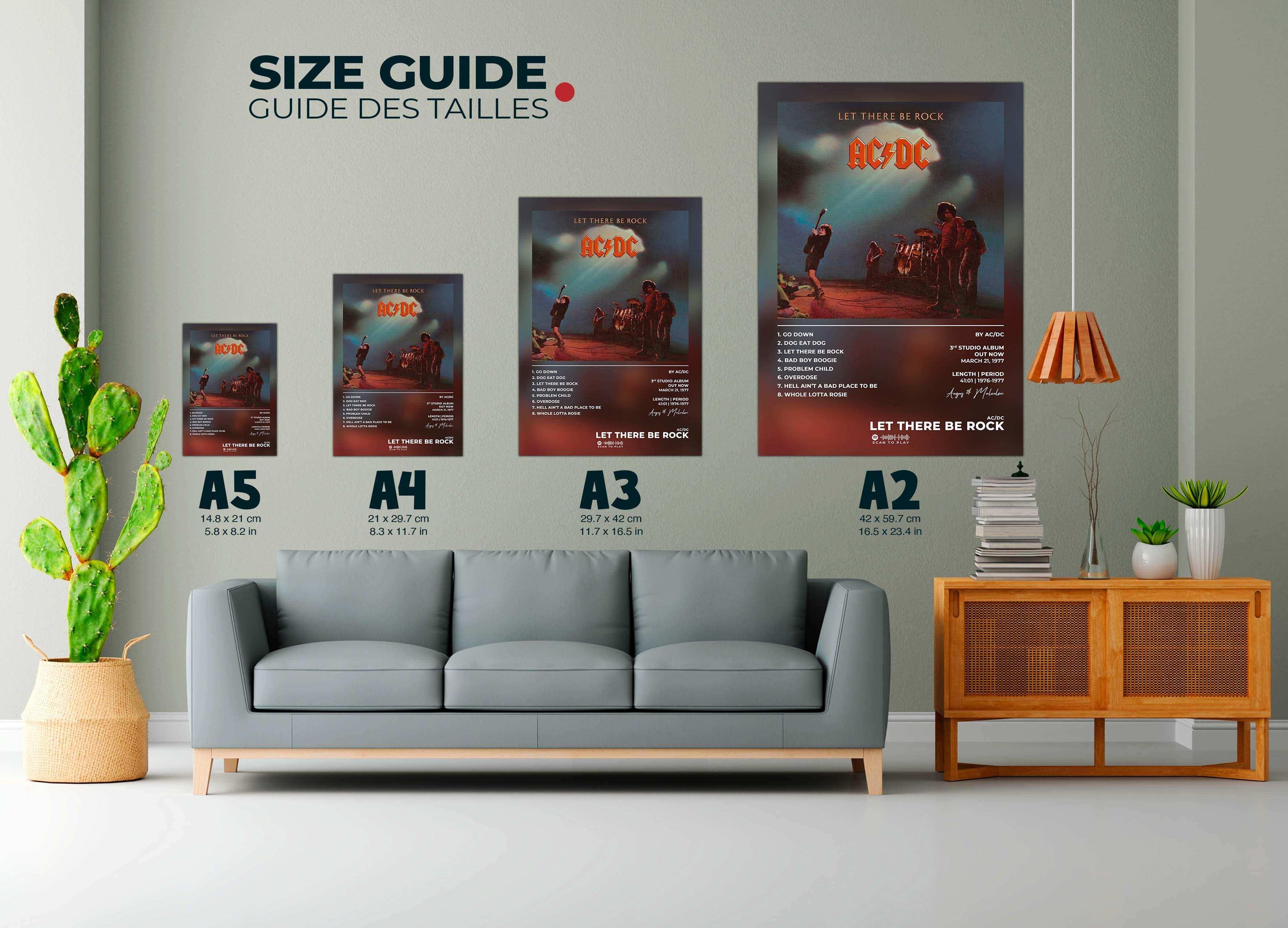 Affiches AC/DC accrochées sur un mur au-dessus d’un canapé, faites en France, livraison gratuite 48h, cadeau idéal Noël
