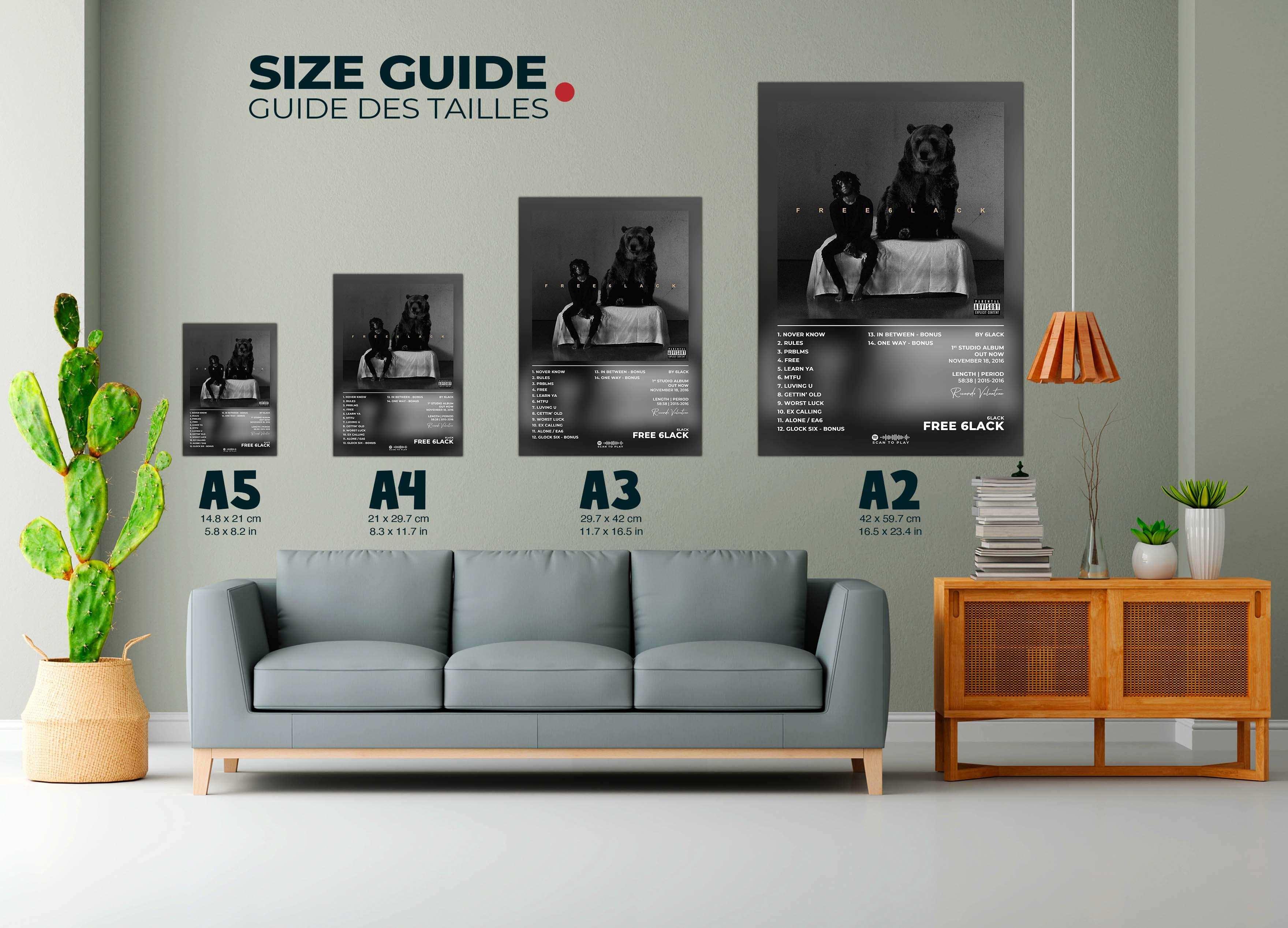 Posters de différentes tailles accrochés au mur, canapé gris, plantes, fait en France, livraison gratuite 48h, cadeau Noël idéal.