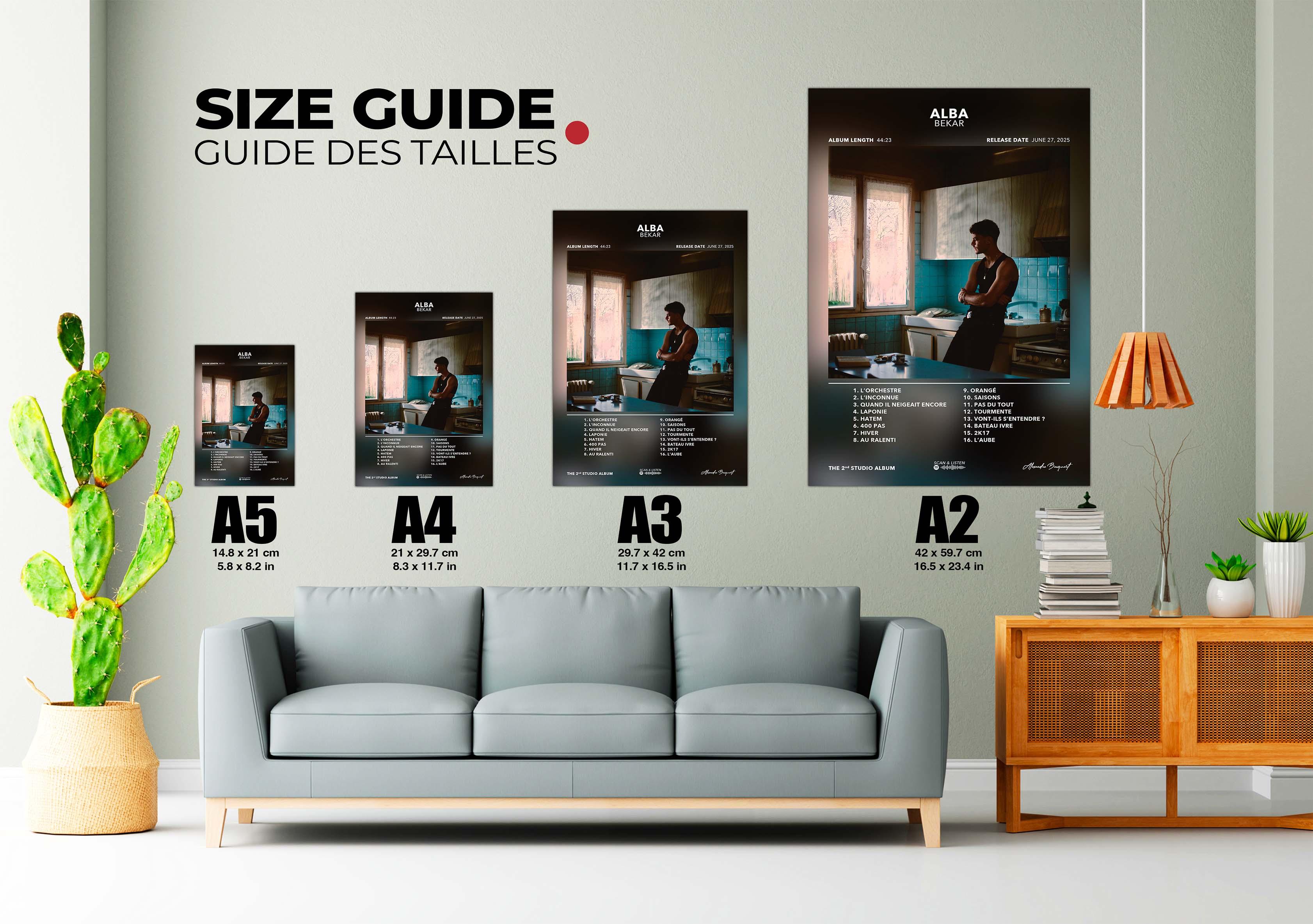 Guide des tailles posters A5 à A2 au-dessus canapé gris, fait en France, livraison gratuite en 48h