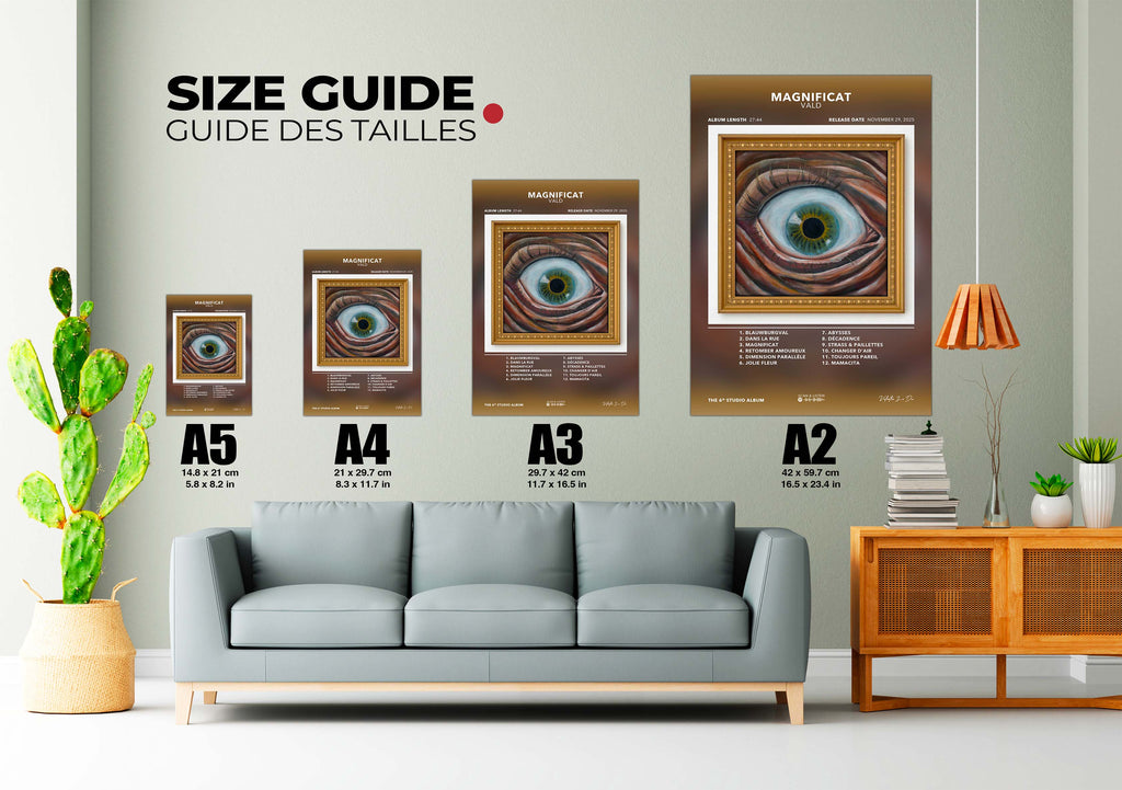 Guide des tailles posters de l'œil Magnificat Vald A5 à A2, fait en France, livraison gratuite 48h