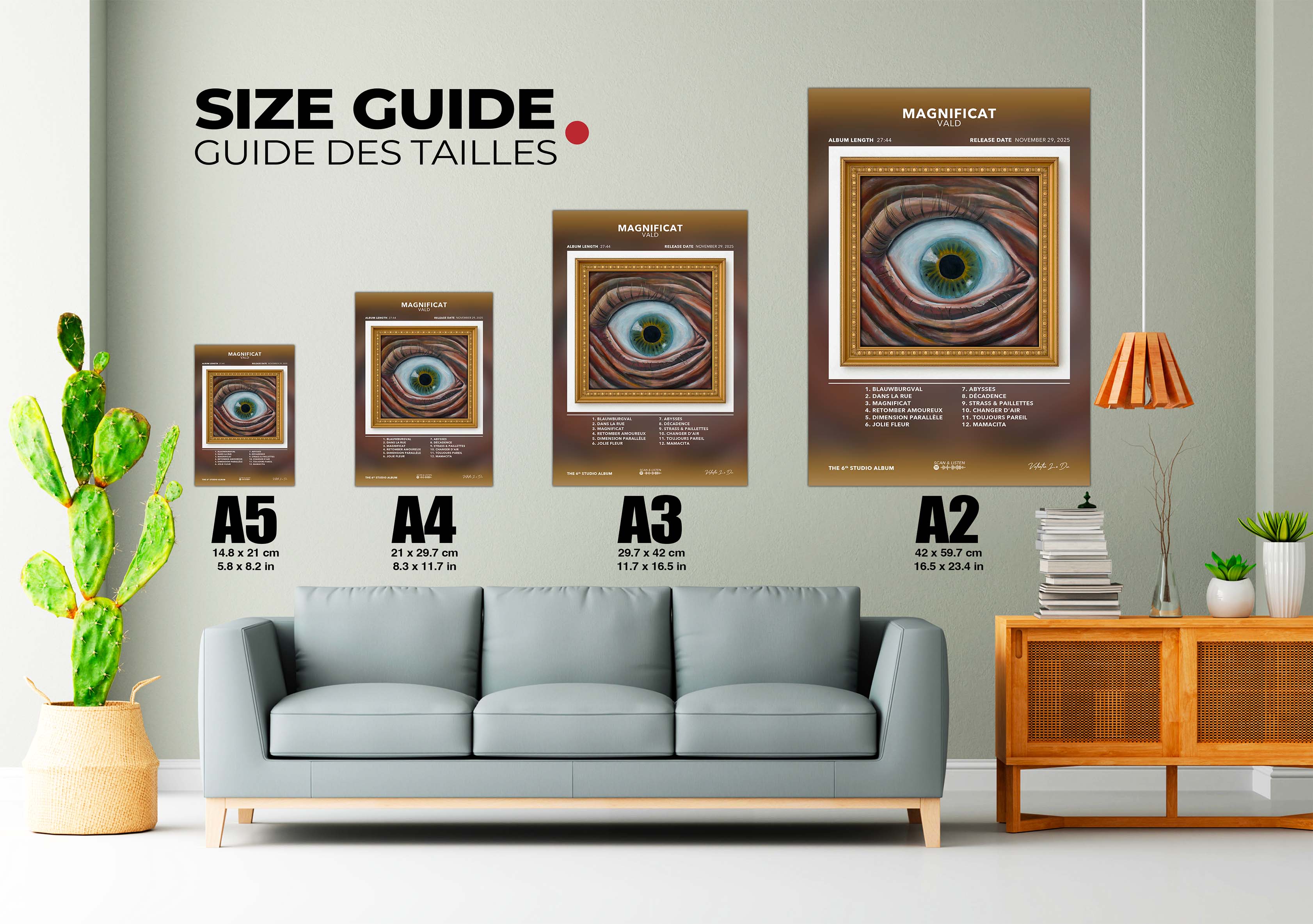 Guide des tailles posters de l'œil Magnificat Vald A5 à A2, fait en France, livraison gratuite 48h
