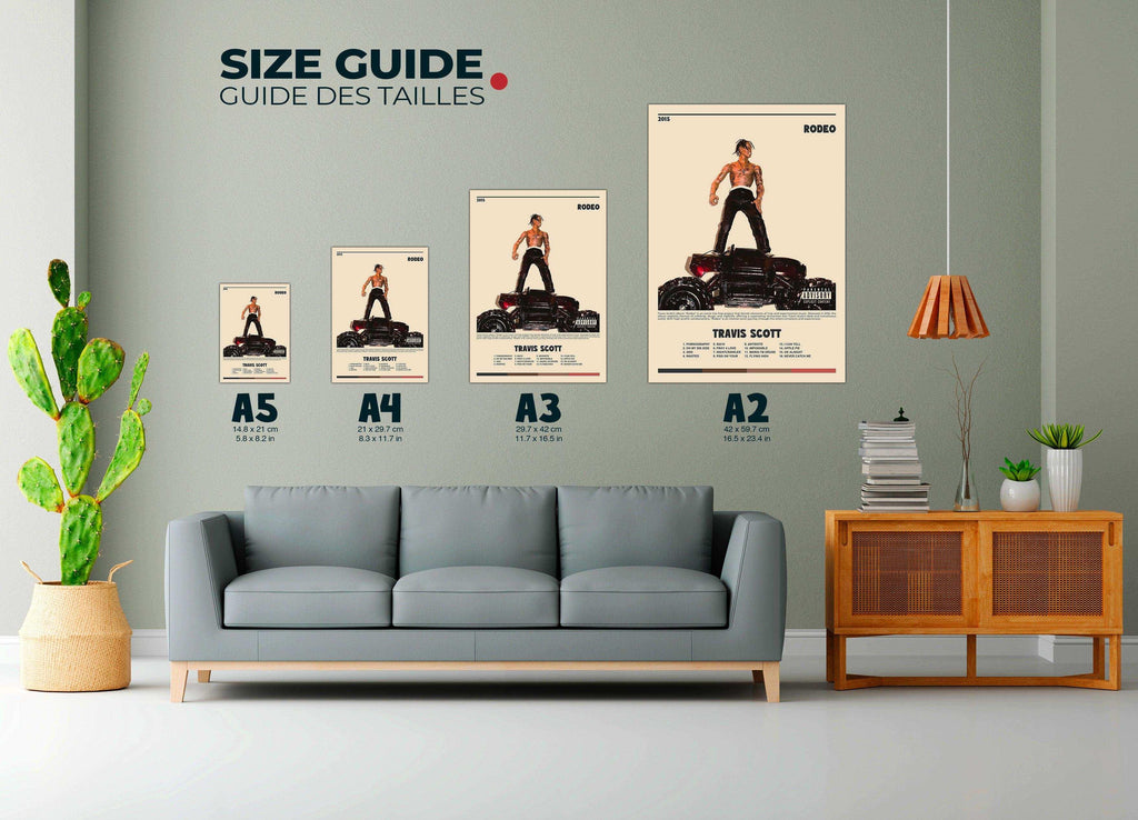 Affiches murales de tailles A5 à A2 exposées dans un salon moderne, fait en France, livraison gratuite 48h, cadeau idéal pour Noël.