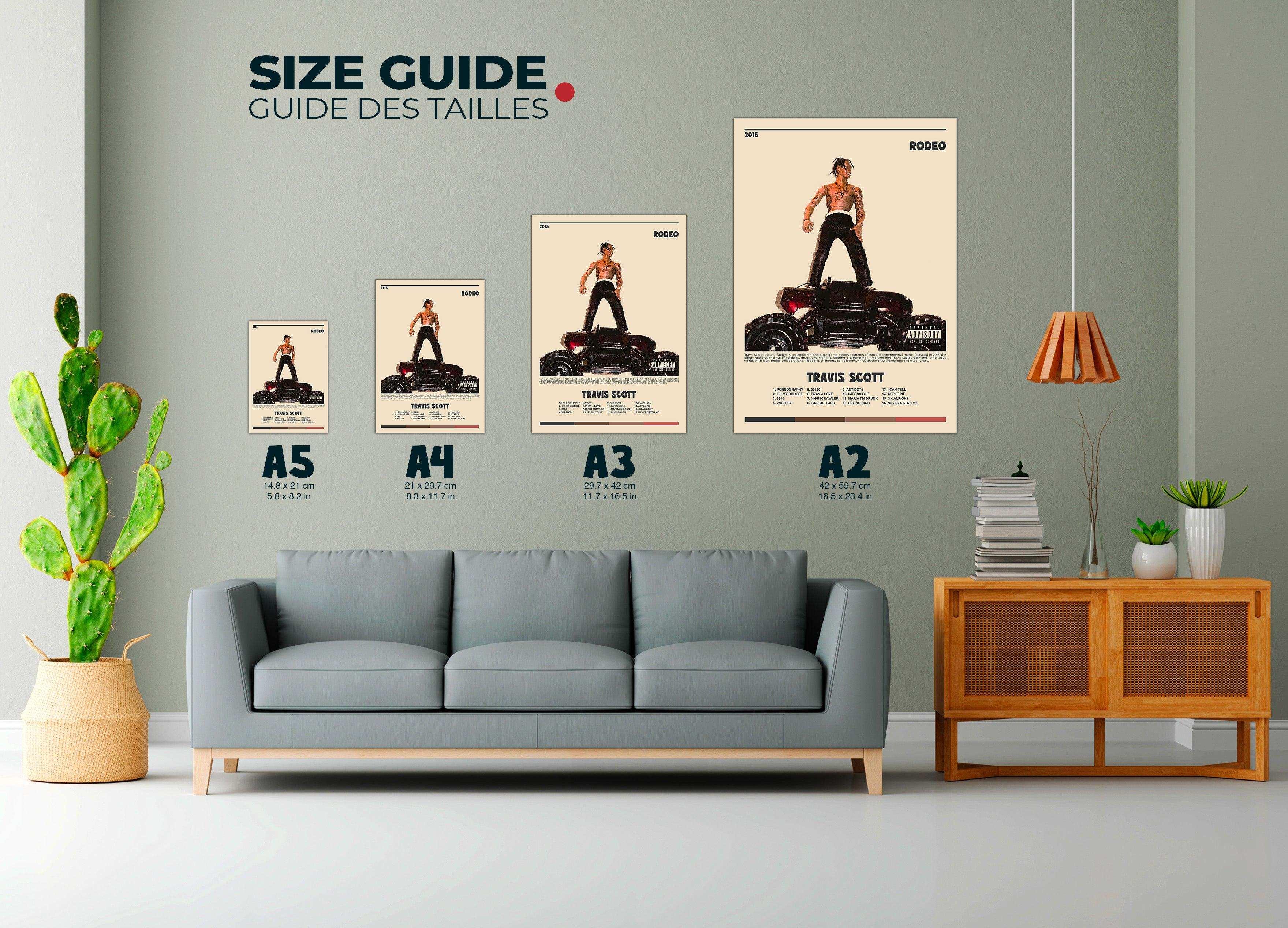 Affiches murales de tailles A5 à A2 exposées dans un salon moderne, fait en France, livraison gratuite 48h, cadeau idéal pour Noël.