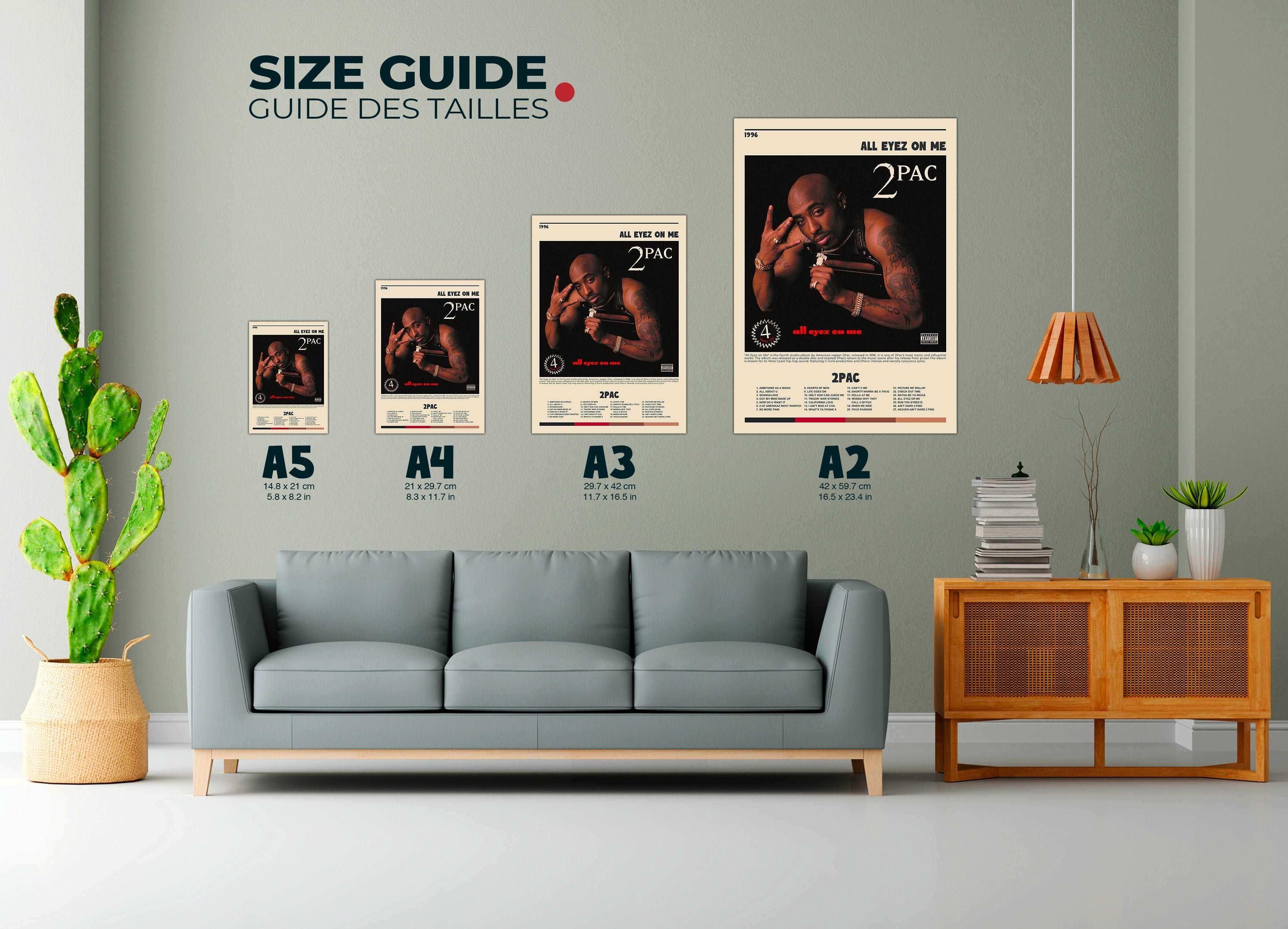 Affiches 2PAC accrochées au mur dans un salon moderne, fait en France, livraison gratuite 48h, cadeau idéal pour Noël.