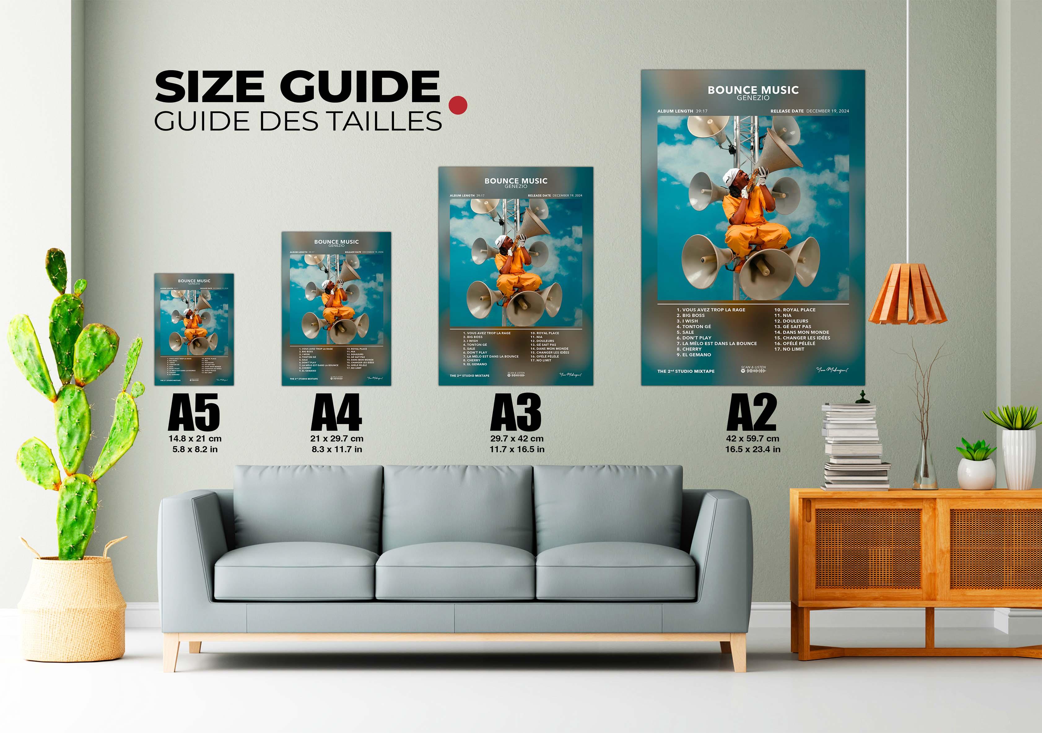 Guide des tailles posters A5 à A2 au-dessus d'un canapé gris, fait en France, livraison gratuite 48h