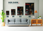 Guide des tailles de posters Eazy-E exposés sur un mur, fait en France, livraison gratuite 48h, cadeau idéal Noël