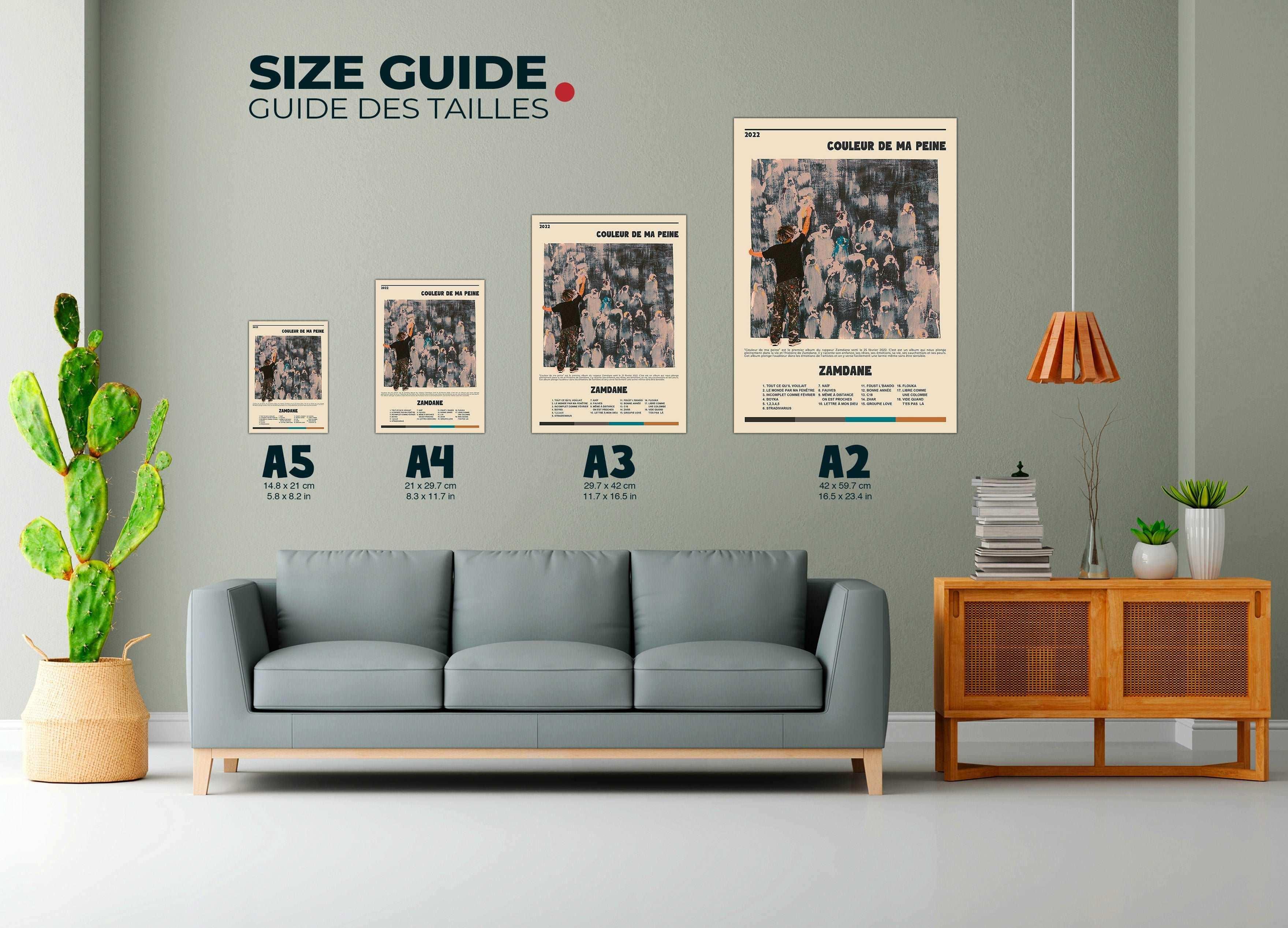 Affiches murales tailles A5 à A2 dans salon, fait en France, livraison 48h, cadeau idéal Noël