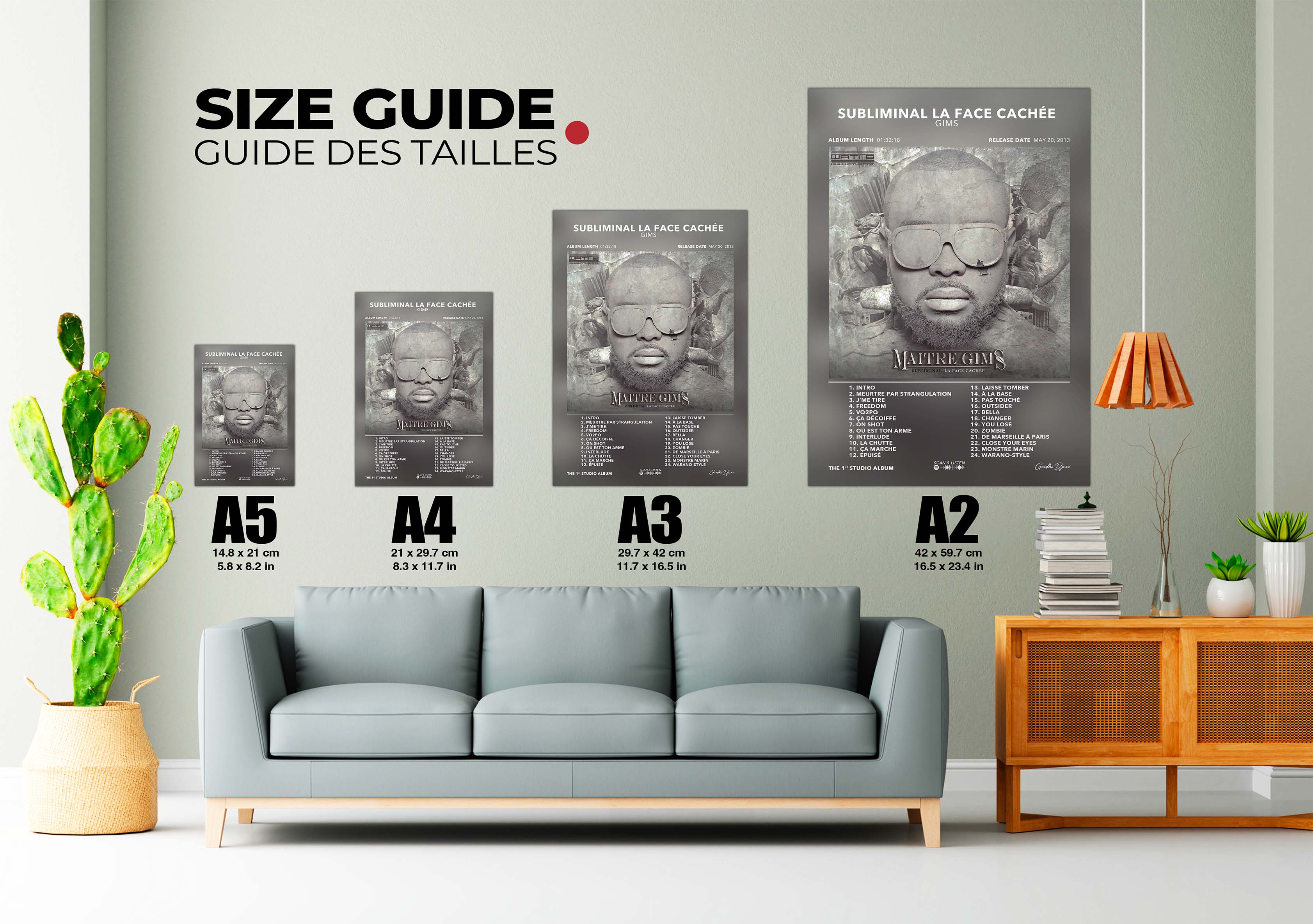 Guide des tailles posters subliminal La Face Cachée de Maître Gims, fait en France, livraison gratuite en 48h