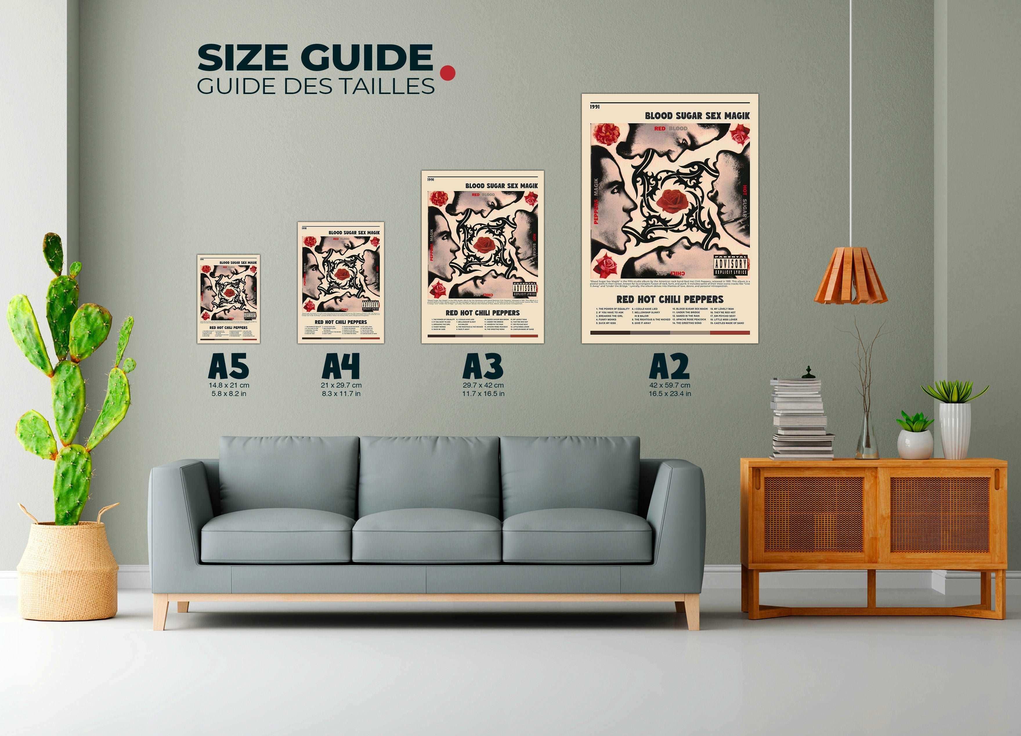 Affiches Red Hot Chili Peppers de différentes tailles au-dessus d’un canapé, fait en France, livraison gratuite 48h, cadeau idéal pour Noel