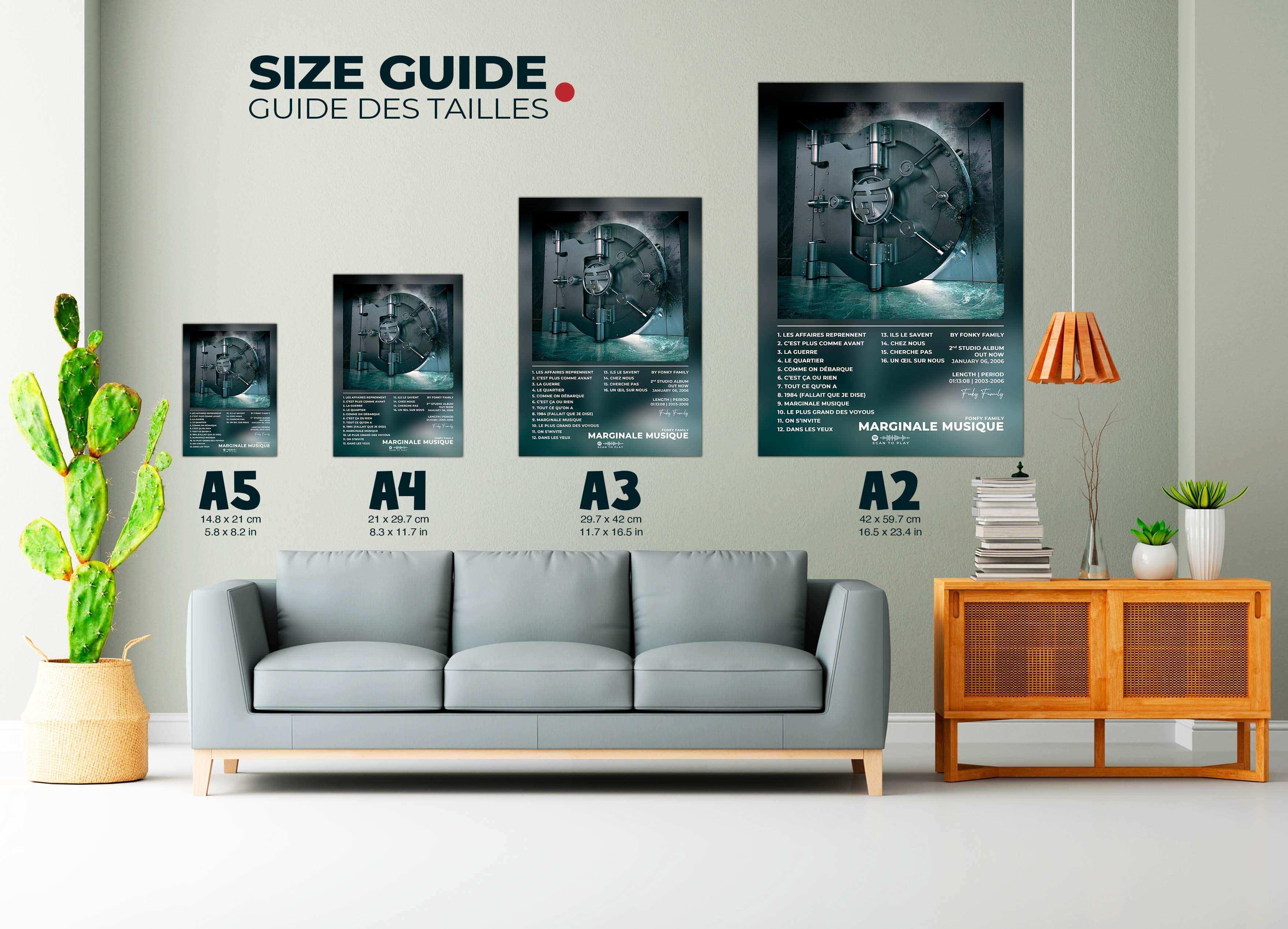 Affiche murale taille A5 à A2, guide des tailles en salon, fait en France, livraison 48h gratuite, cadeau idéal Noël