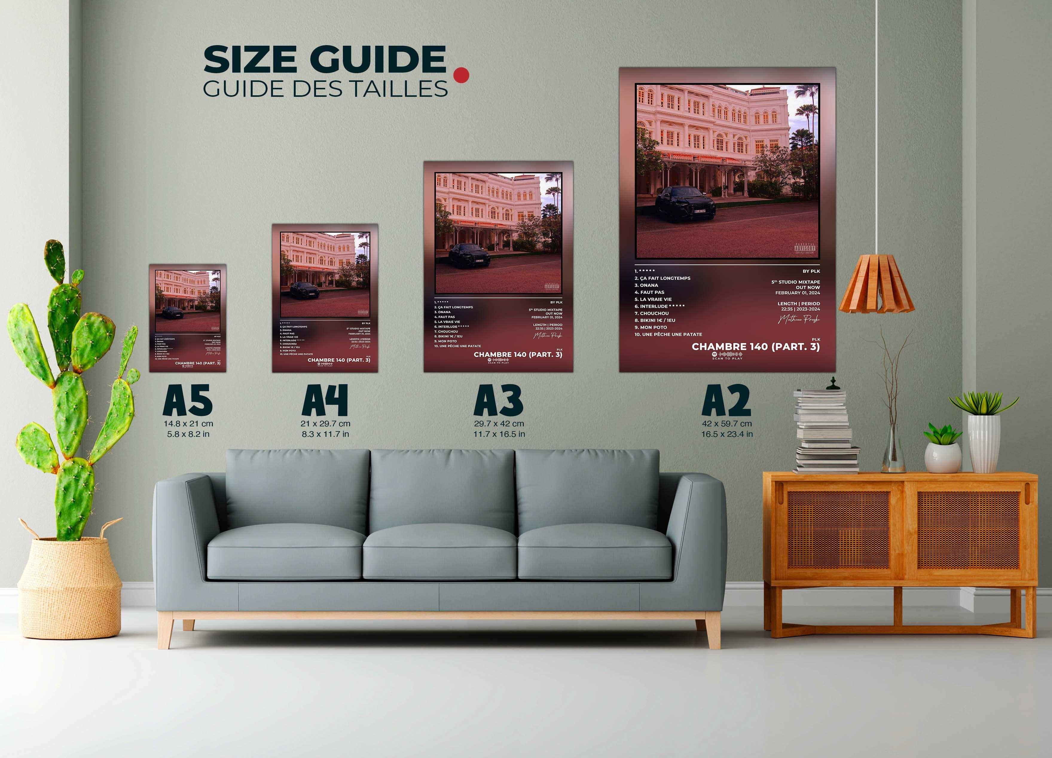 Affiche murale guide des tailles formats A5 à A2, déco salon, fait en France, livraison 48h, cadeau idéal Noël