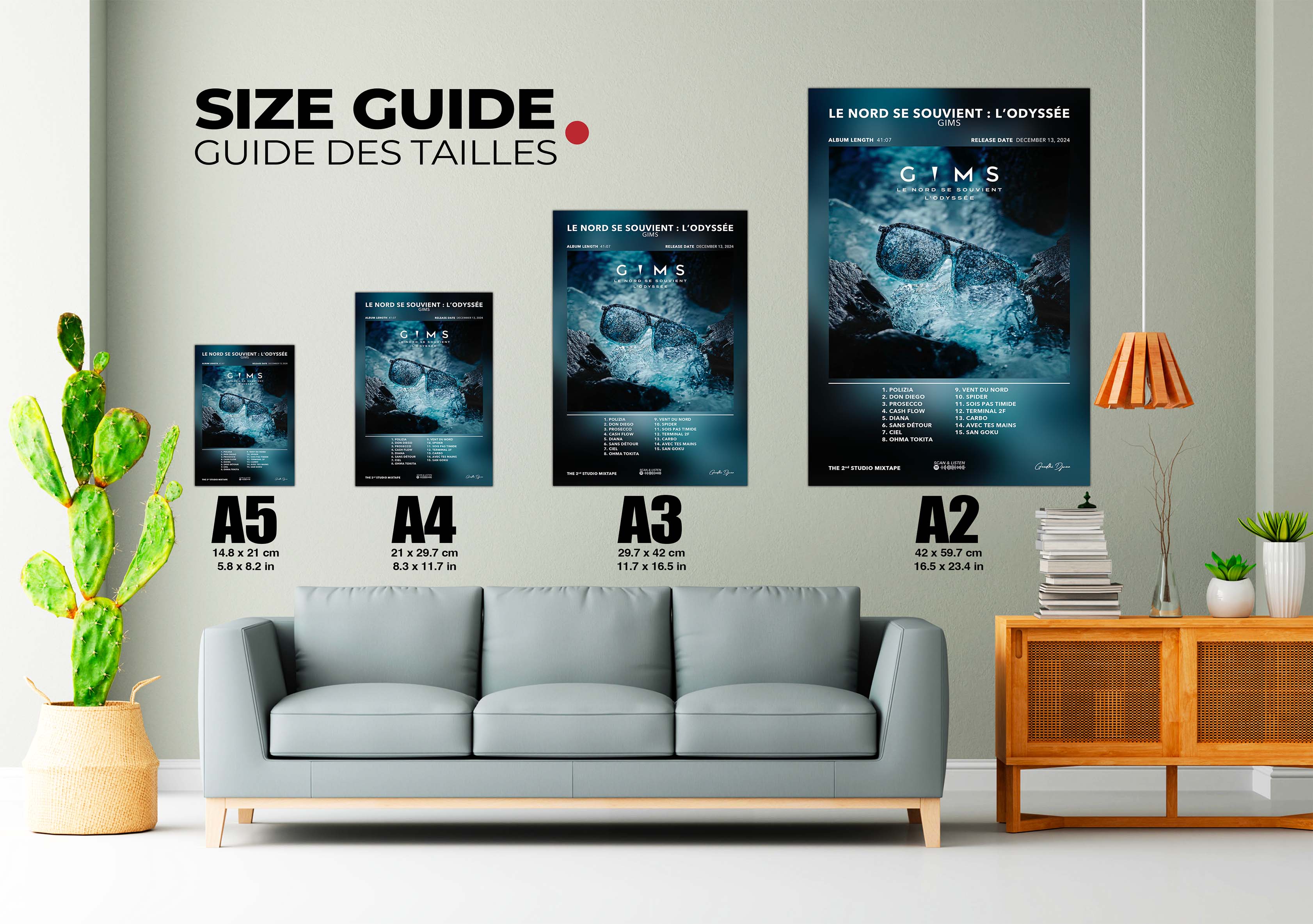 Guide des tailles posters A5 à A2 avec cactus, canapé gris, meuble bois, fait en France livraison gratuite 48h