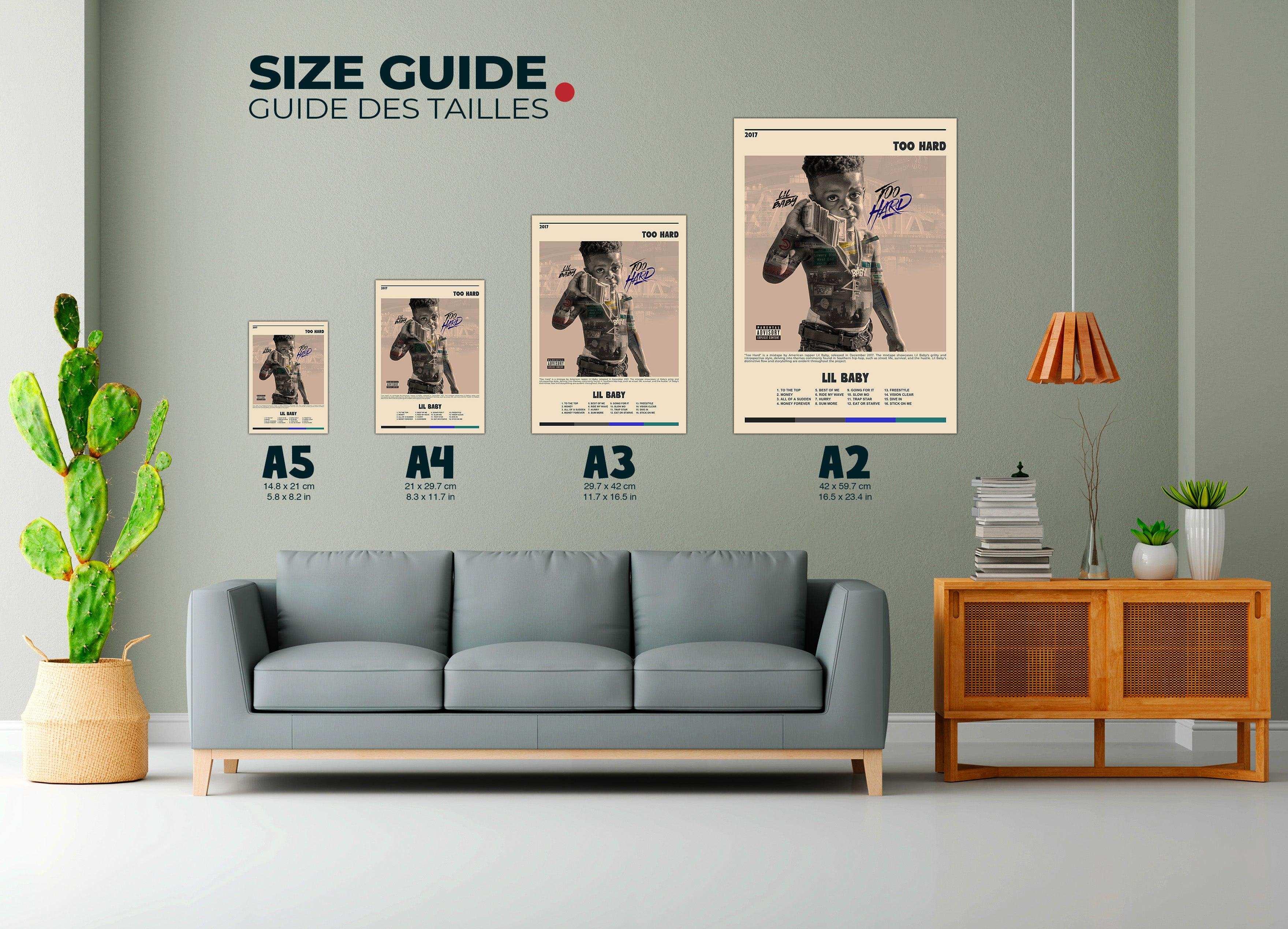 Affiches Lil Baby de différentes tailles accrochées au mur d’un salon moderne, fait en France, livraison gratuite 48h, cadeau idéal pour Noël.