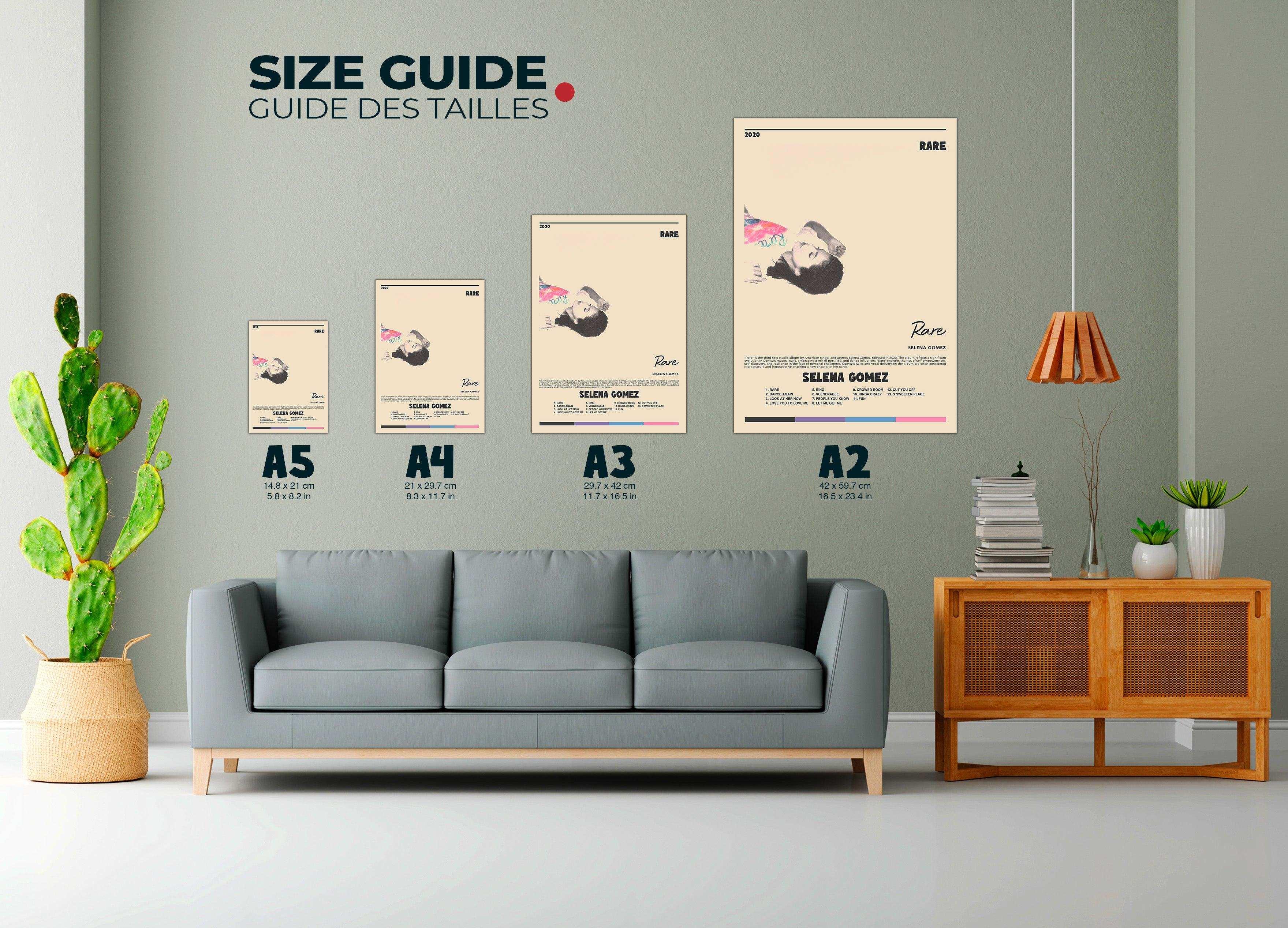 Affiches murales format A5 à A2 sur mur de salon, fait en France, livraison 48h, cadeau idéal Noël