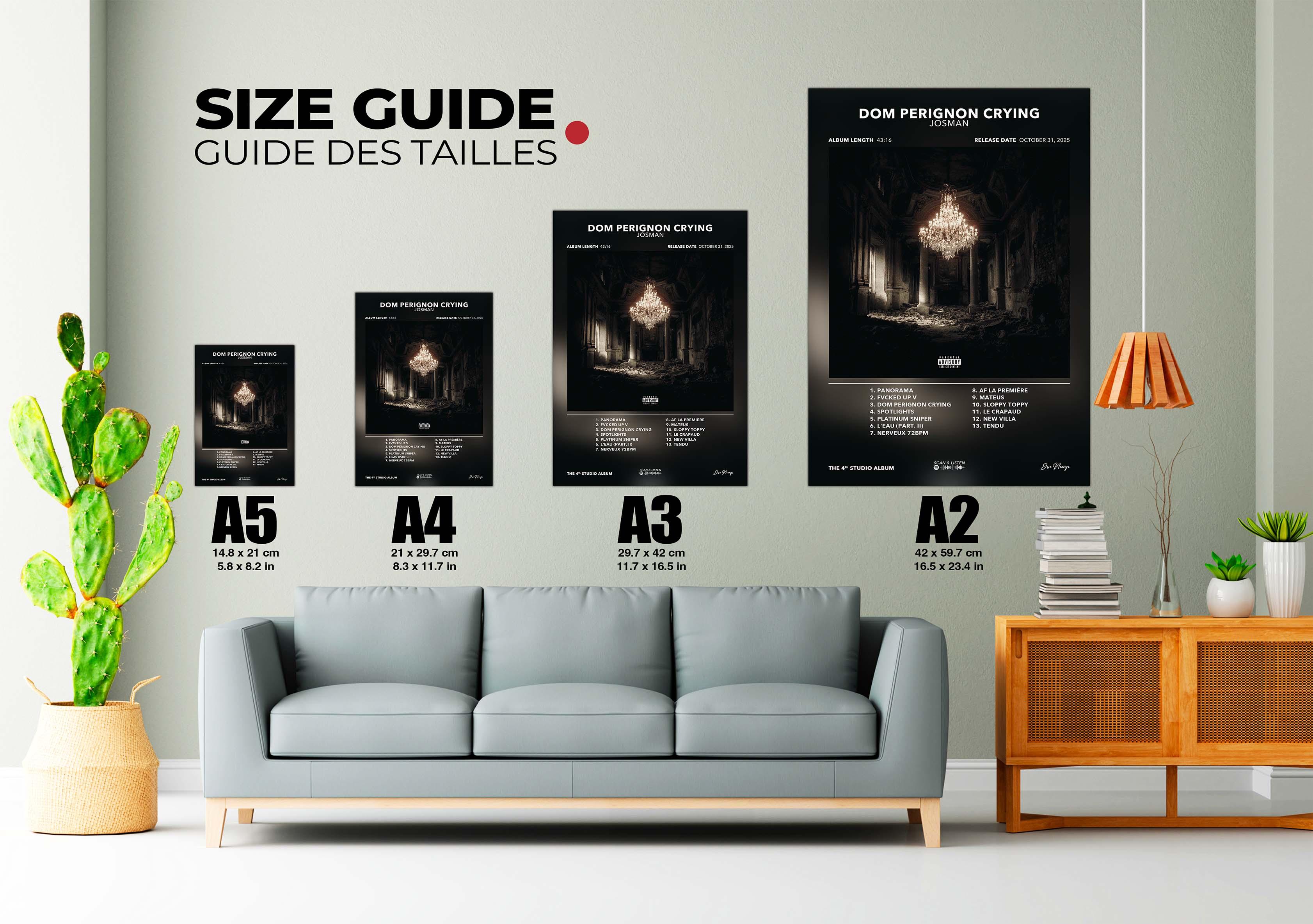 Guide des tailles affiches A5 à A2 dans salon moderne avec canapé gris, plante, meuble bois, fait en France, livraison gratuite 48h