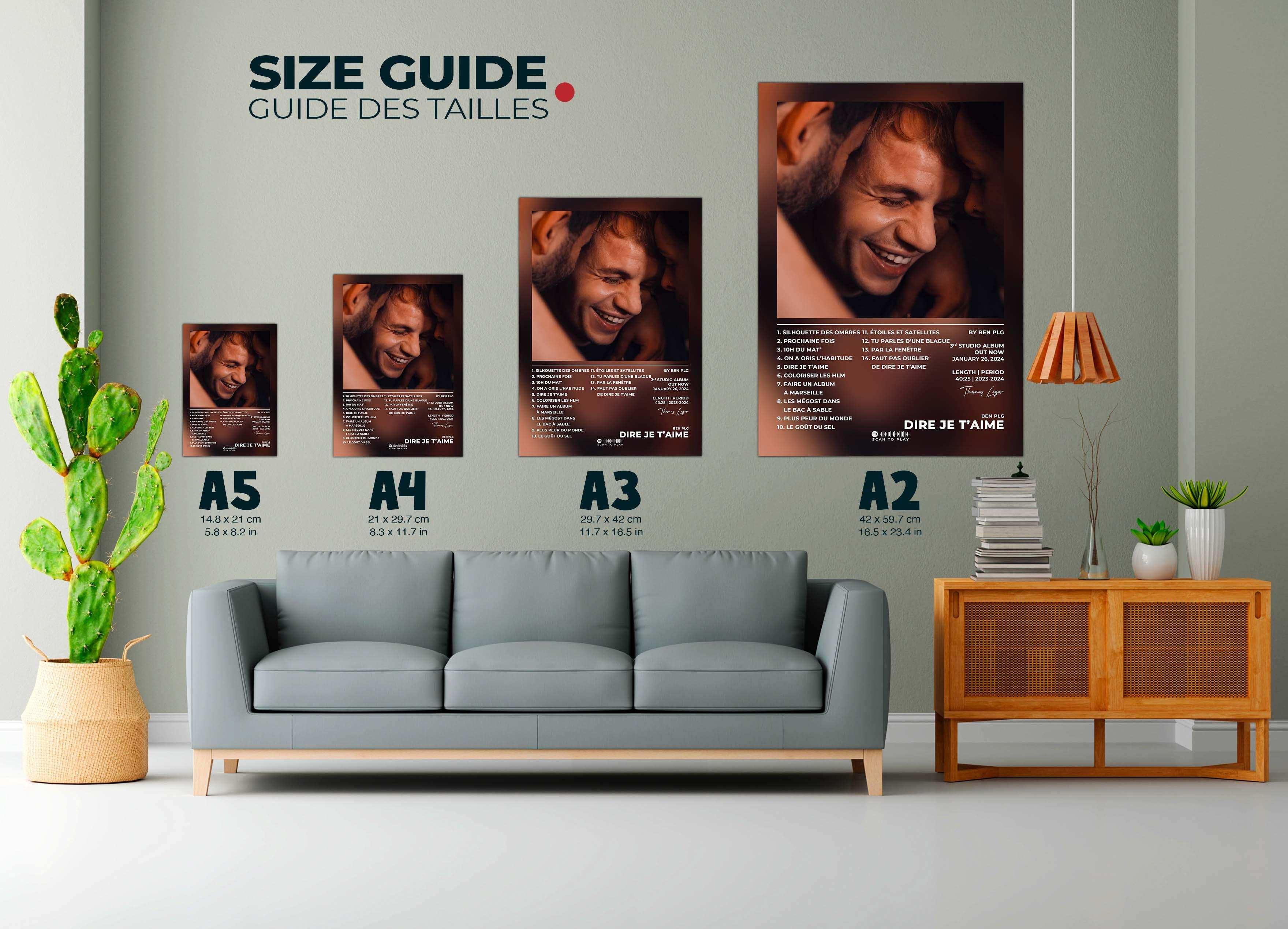 Affiche murale avec guide des tailles, ambiance salon, fait en France, livraison 48h gratuite, cadeau Noël idéal