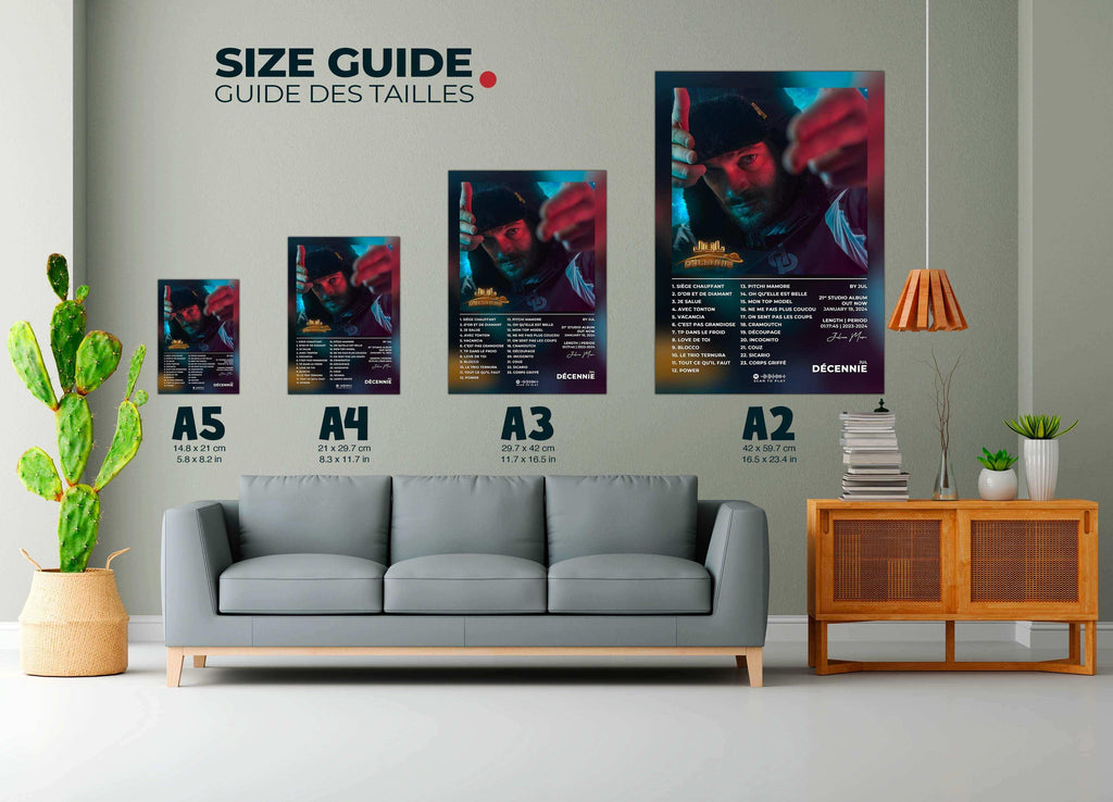 Affiches murales formats A5 à A2 dans un salon, faites en France, livraison gratuite 48h, cadeau Noël idéal