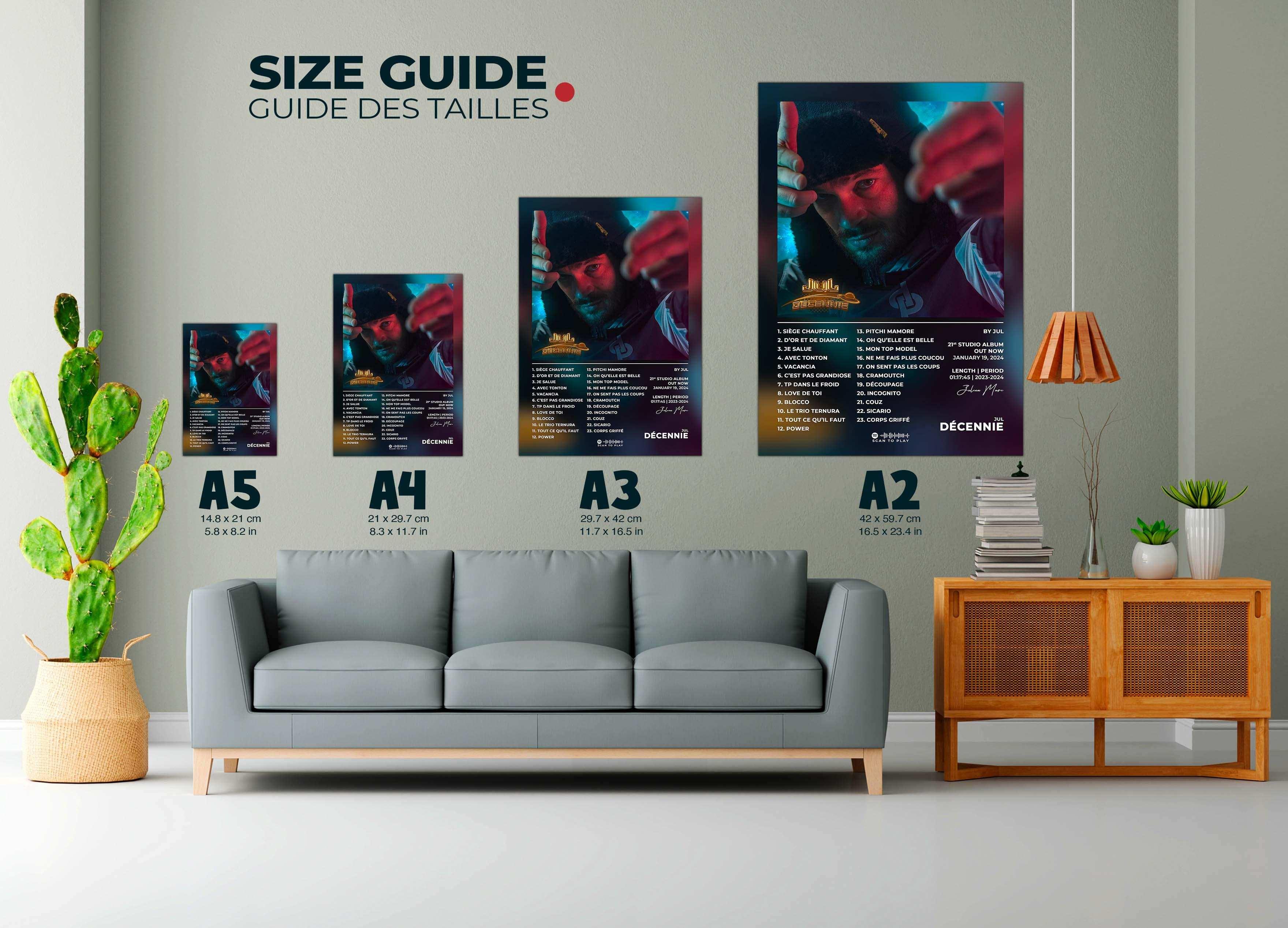 Affiches murales formats A5 à A2 dans un salon, faites en France, livraison gratuite 48h, cadeau Noël idéal