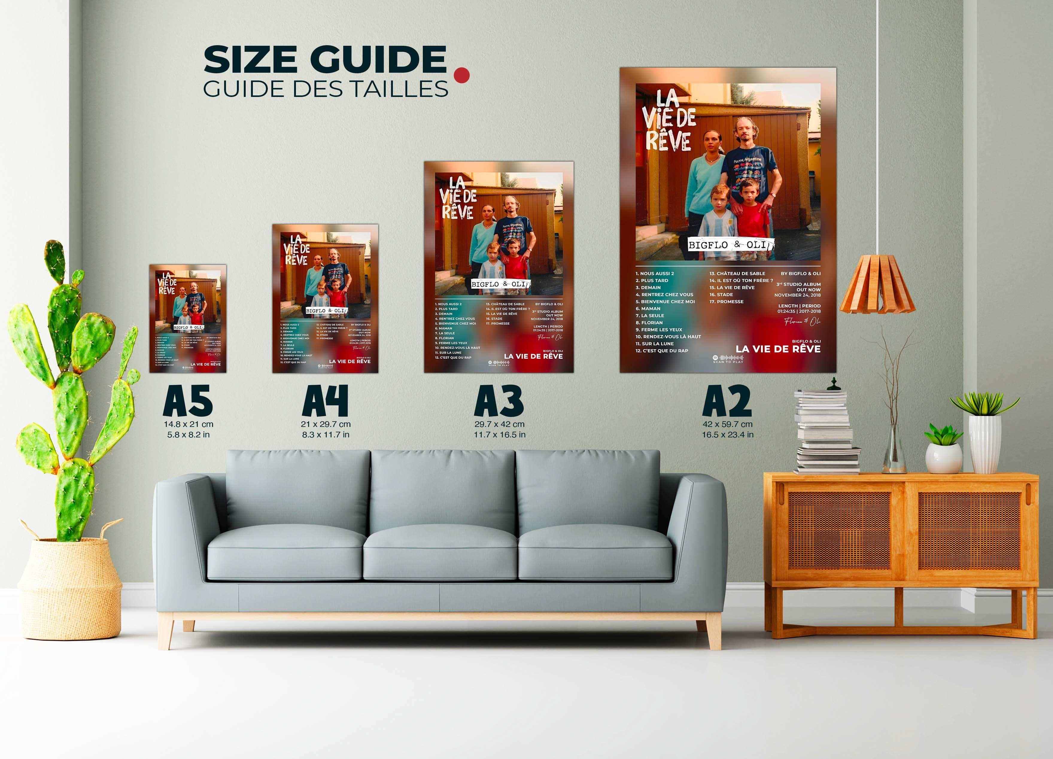 Affiches murales La Vie de Rêve exposées au-dessus d'un canapé, fait en France, livraison gratuite 48h, cadeau idéal Noël