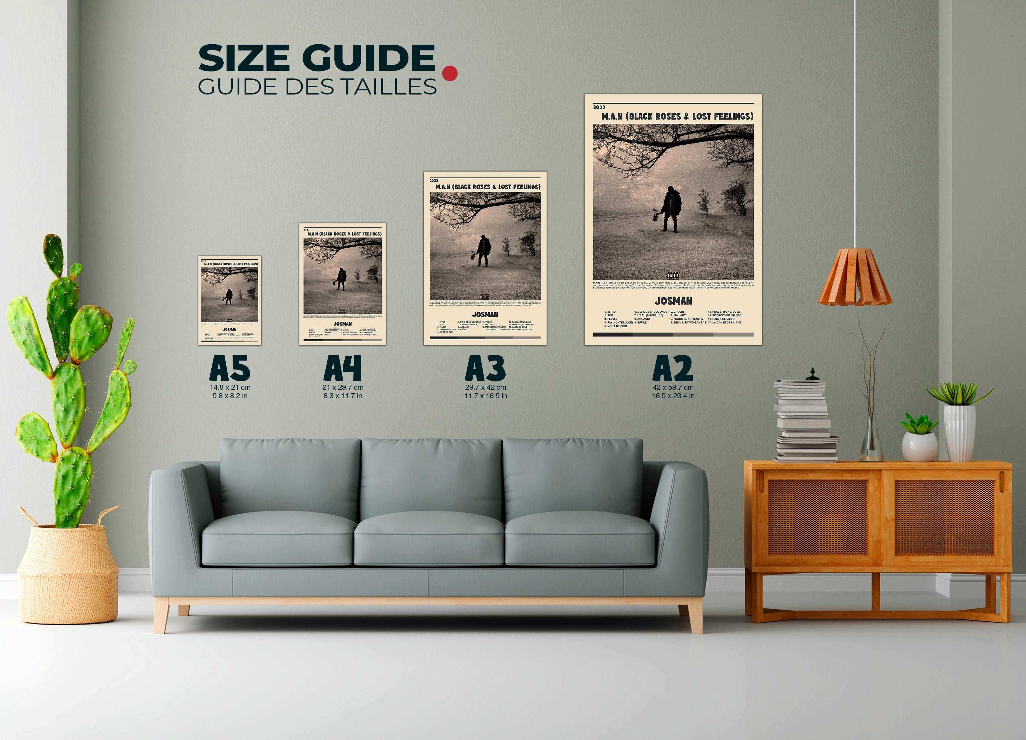 Posters muraux de différentes tailles au-dessus d’un canapé, faits en France, livraison gratuite 48h, cadeau idéal pour Noël