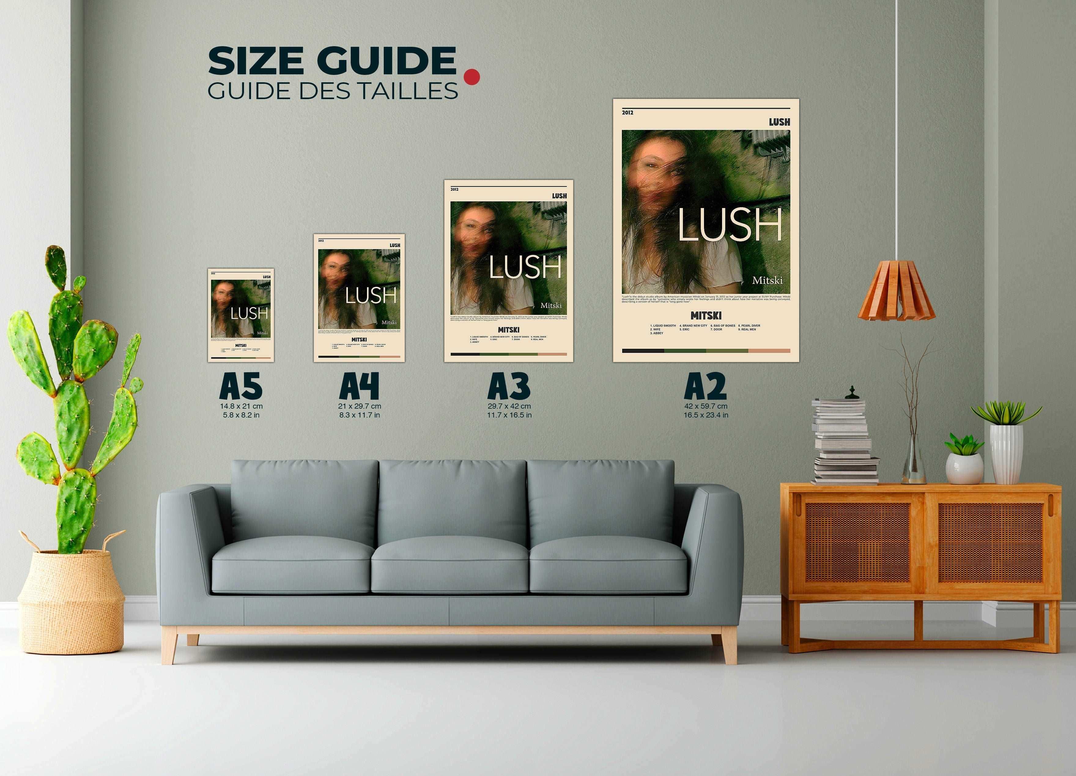 Posters Lush accrochés au mur d’un salon, fait en France, livraison gratuite 48h, cadeau Noël idéal