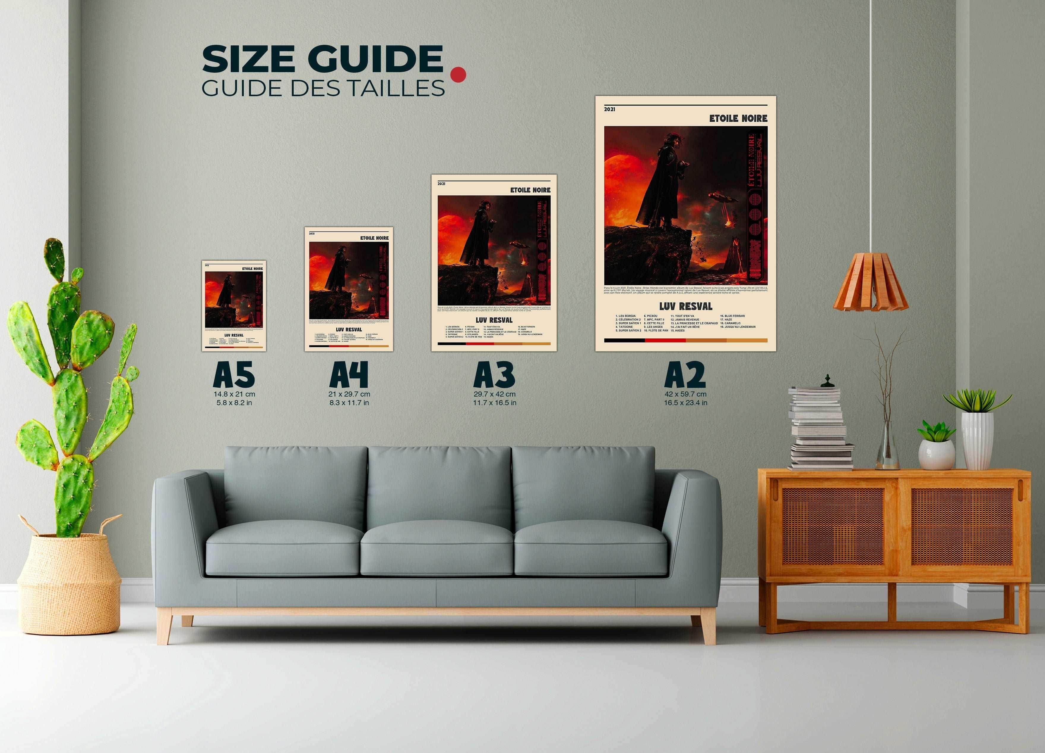 Affiches murales Luv Resval de différentes tailles dans un salon, fait en France, livraison gratuite 48h, cadeau idéal pour Noël