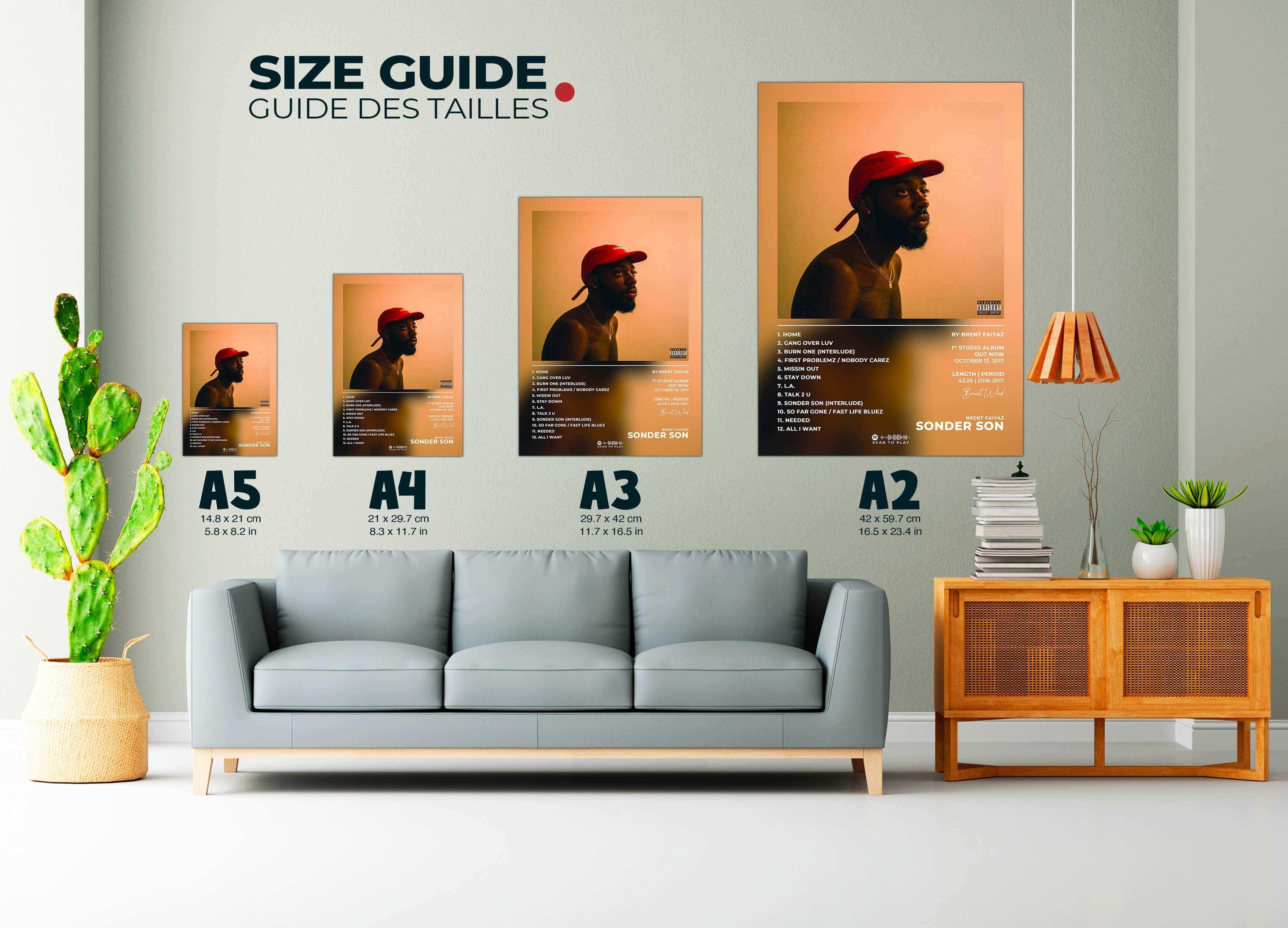 Affiche murale portrait avec guide des tailles dans salon, fait en France, livraison 48h gratuite, cadeau idéal Noël