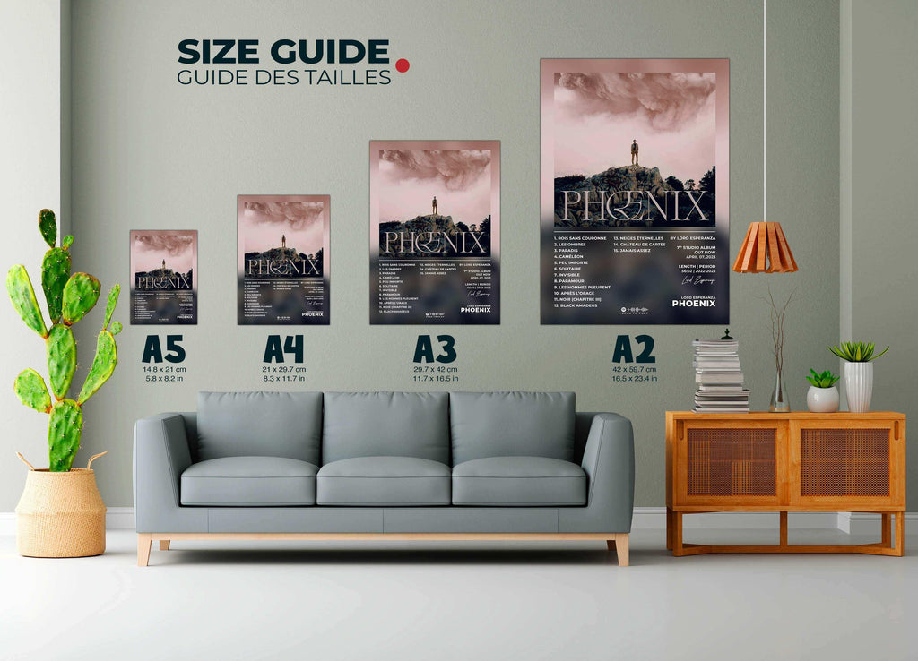 Affiches murales de différentes tailles sur un mur, canapé et cactus, fait en France, livraison 48h gratuite, cadeau idéal pour Noël