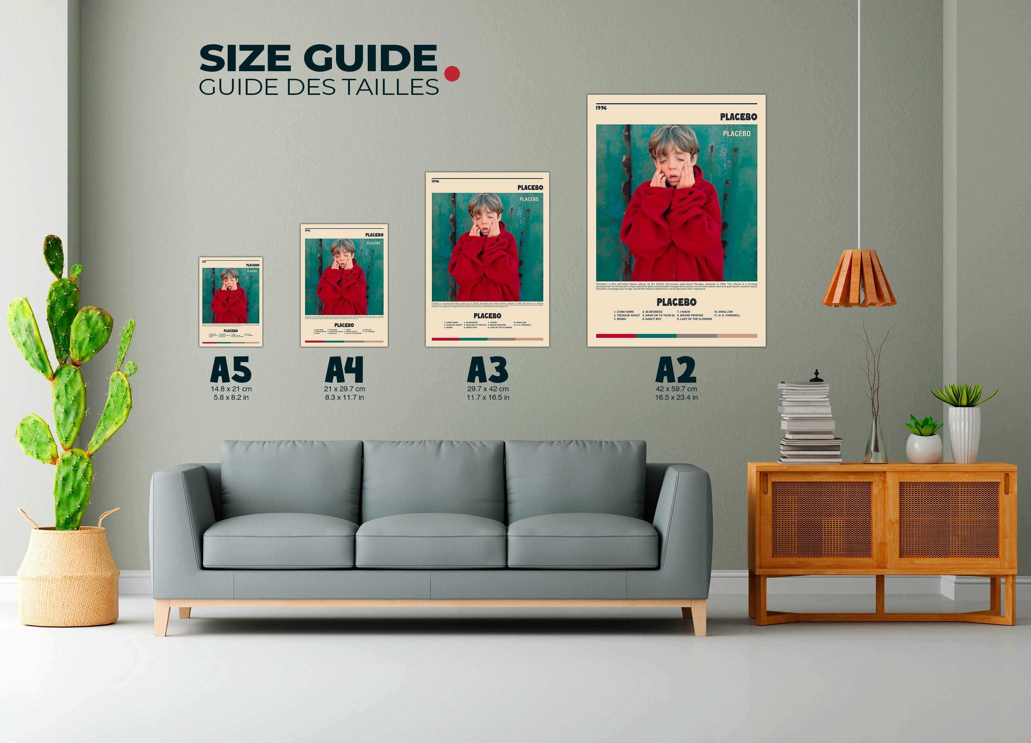 Affiches tailles différentes accrochées au mur au-dessus d’un canapé, faites en France, livraison gratuite 48h, cadeau idéal Noël