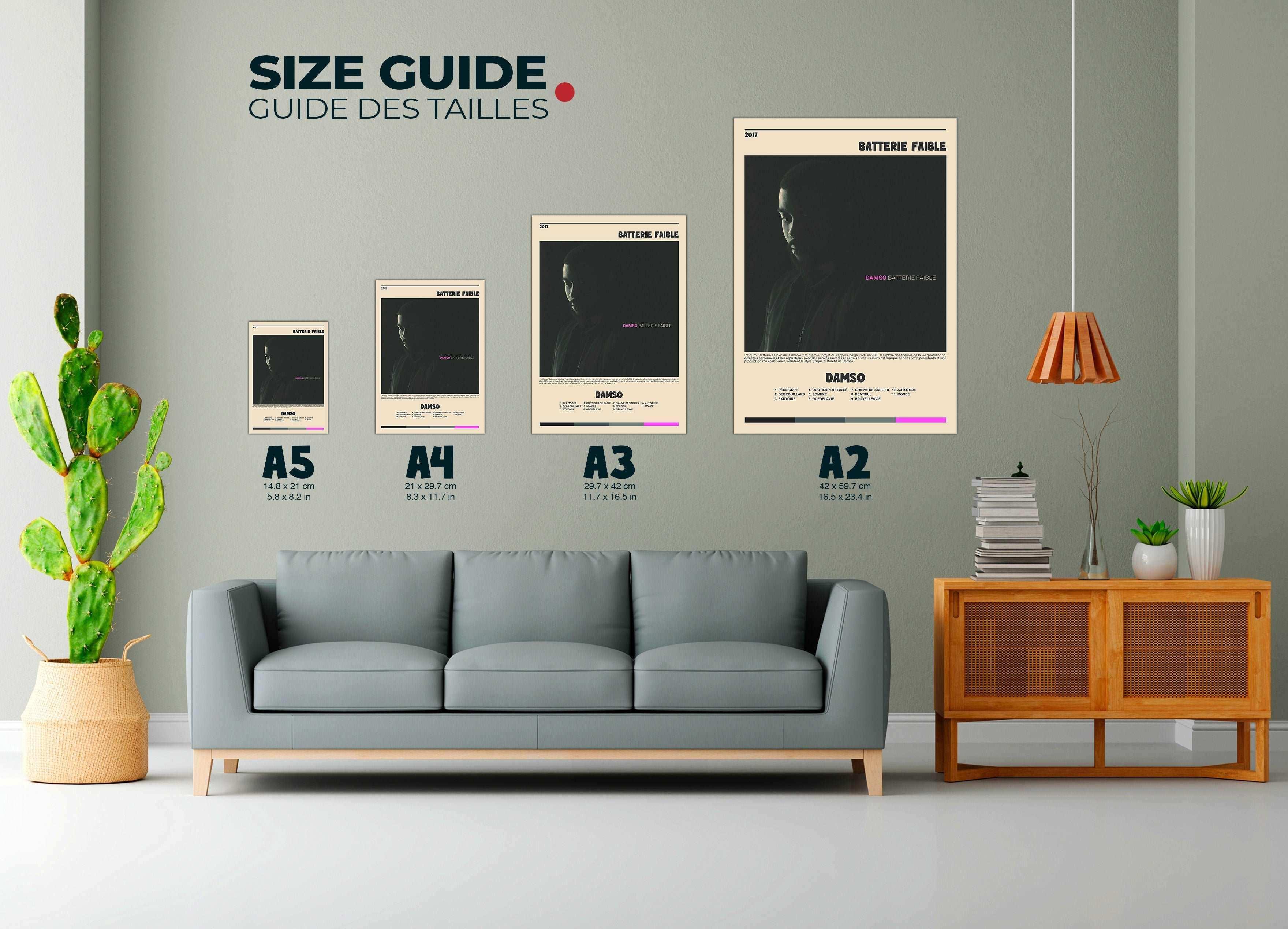 Affiches murales tailles A5 à A2 dans salon, fait en France, livraison gratuite 48h, cadeau idéal Noël