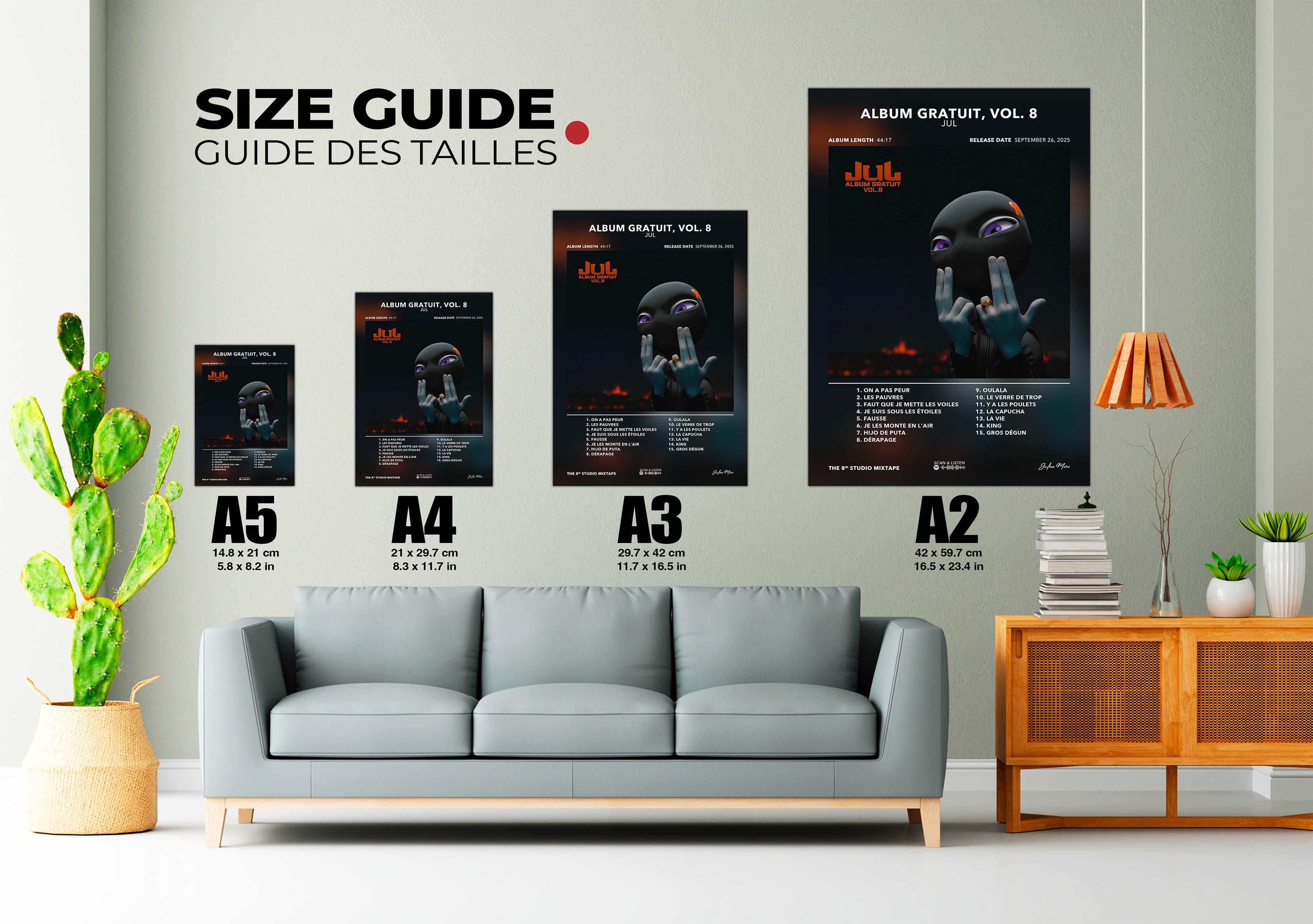 Guide des tailles A5 à A2 affichant l'album gratuit vol. 8 de Jul, salon moderne, fait en France, livraison gratuite 48h