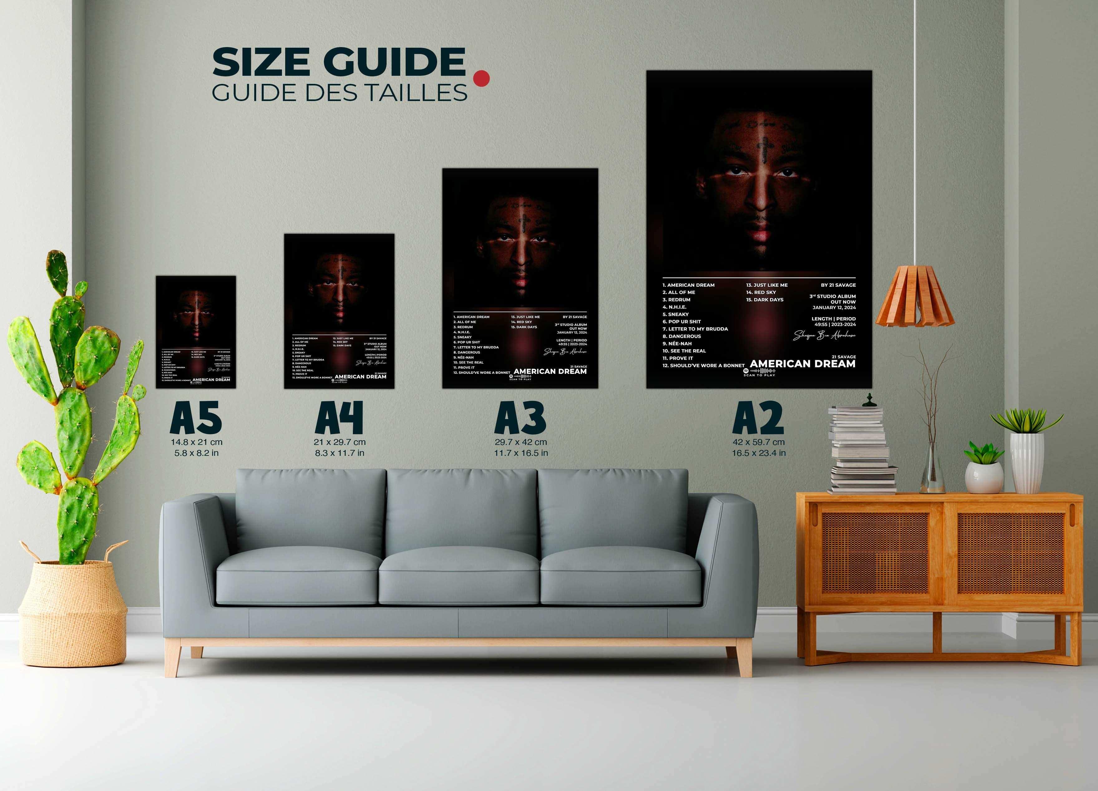 Affiches murales American Dream de différentes tailles dans un salon, fait en France, livraison gratuite 48h, cadeau idéal Noël.