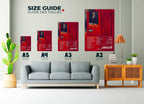 Affiche rouge de musique en quatre formats au mur d’un salon, fait en France, livraison gratuite 48h, cadeau idéal pour Noel