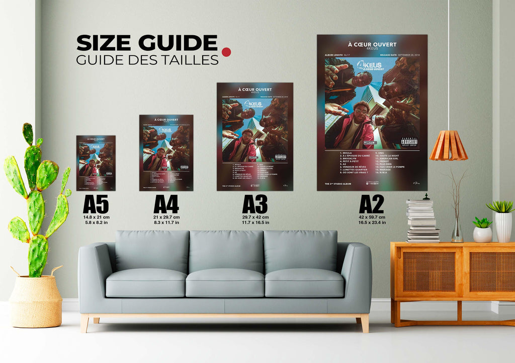 Guide des tailles A5 à A2 affiches musique À Cœur Ouvert 4keus salon moderne fait en France livraison gratuite 48h