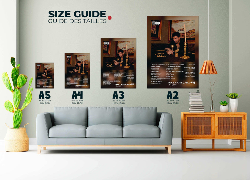 Posters Take Care accrochés au mur dans un salon moderne, fait en France, livraison gratuite 48h, cadeau idéal pour Noël