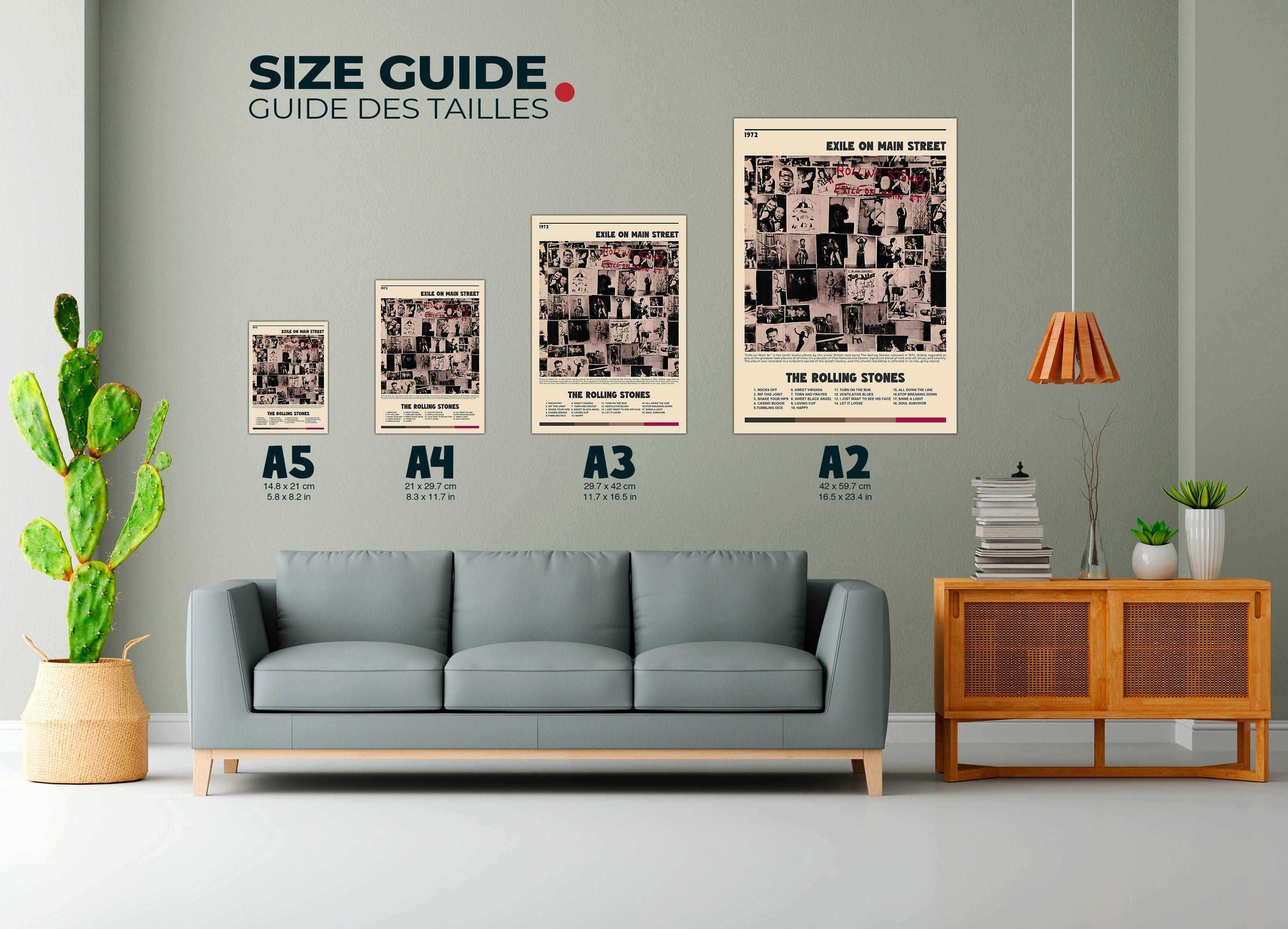 Affiches The Rolling Stones accrochées au mur dans salon, fait en France, livraison 48h gratuite, cadeau idéal Noël