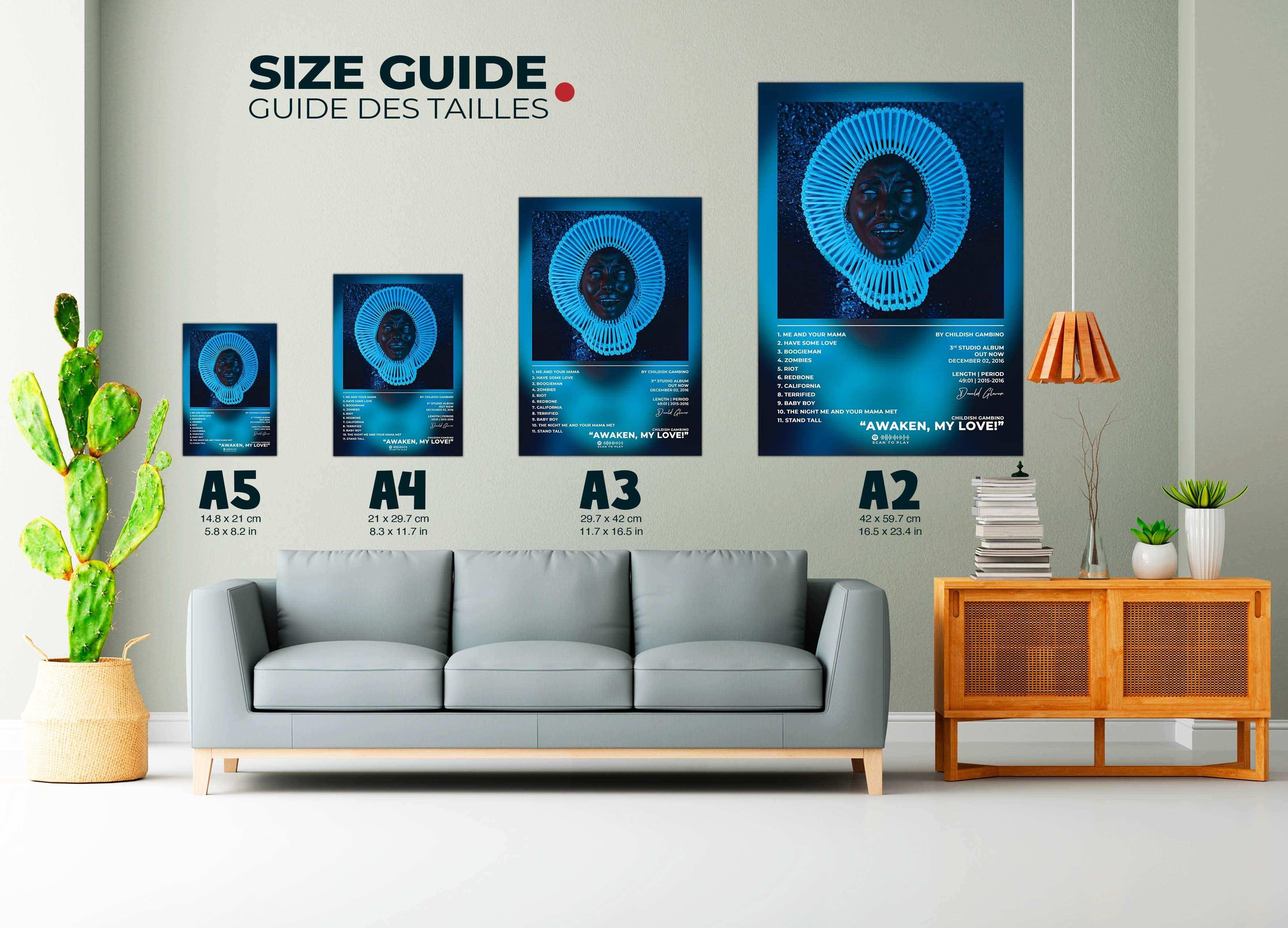 Affiches de tailles différentes sur un mur, salon moderne, fait en France, livraison 48h gratuite, cadeau idéal Noël