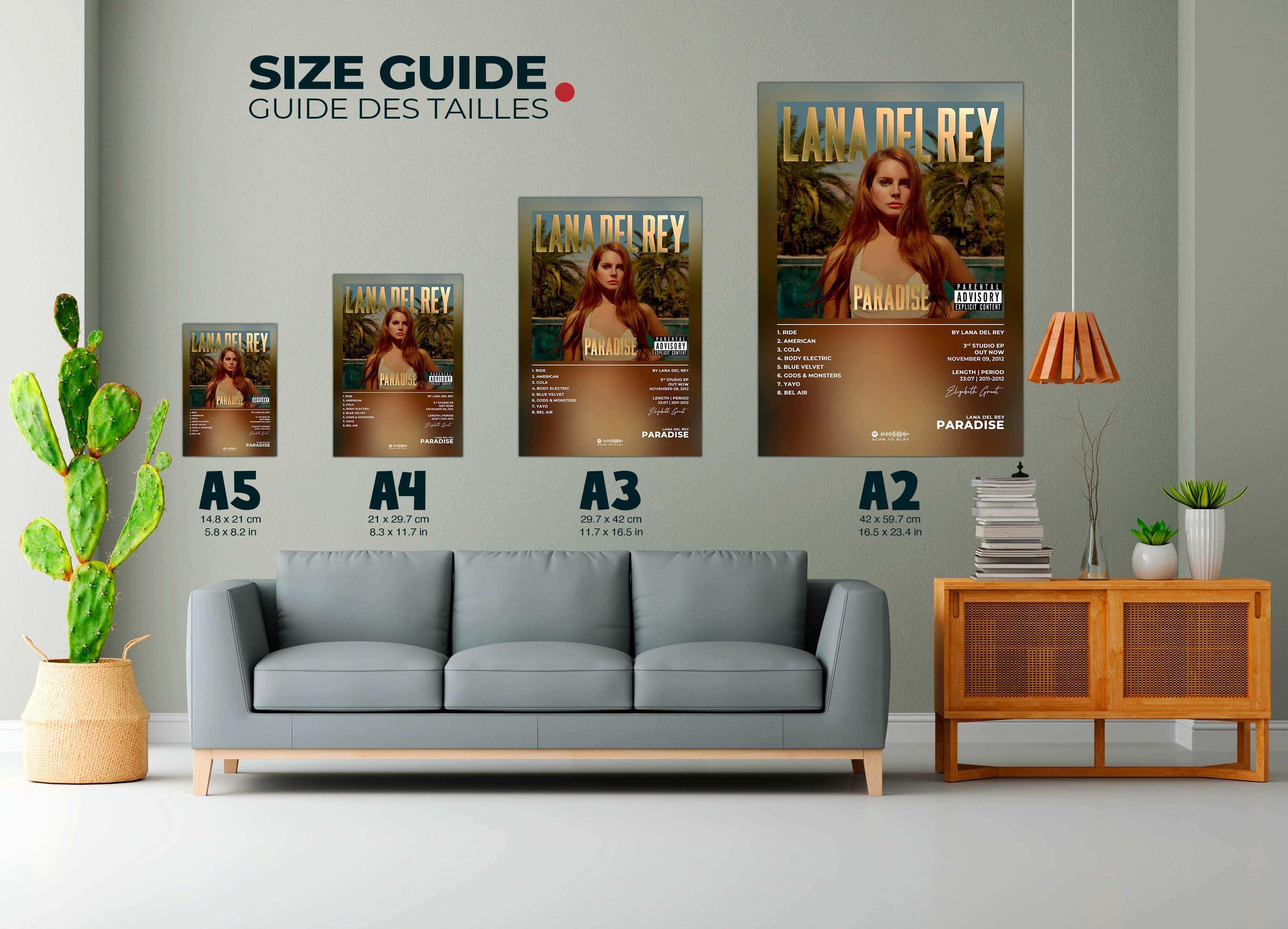 Posters de Lana Del Rey accrochés au mur dans un salon, fait en France, livraison gratuite 48h, cadeau idéal Noël