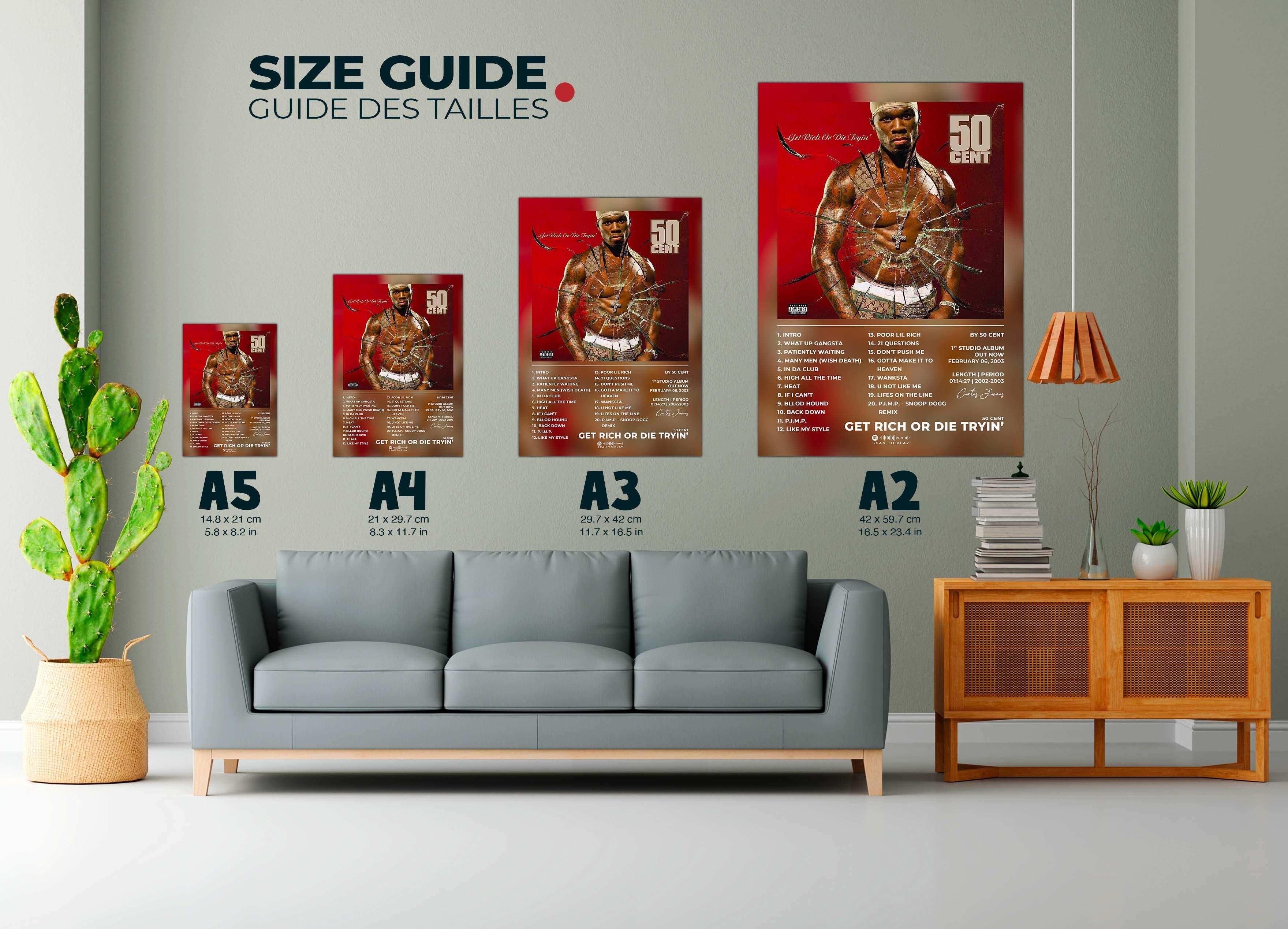 Affiche album 50 Cent tailles A5 A4 A3 A2 au mur, fait en France, livraison gratuite 48h, cadeau Noël