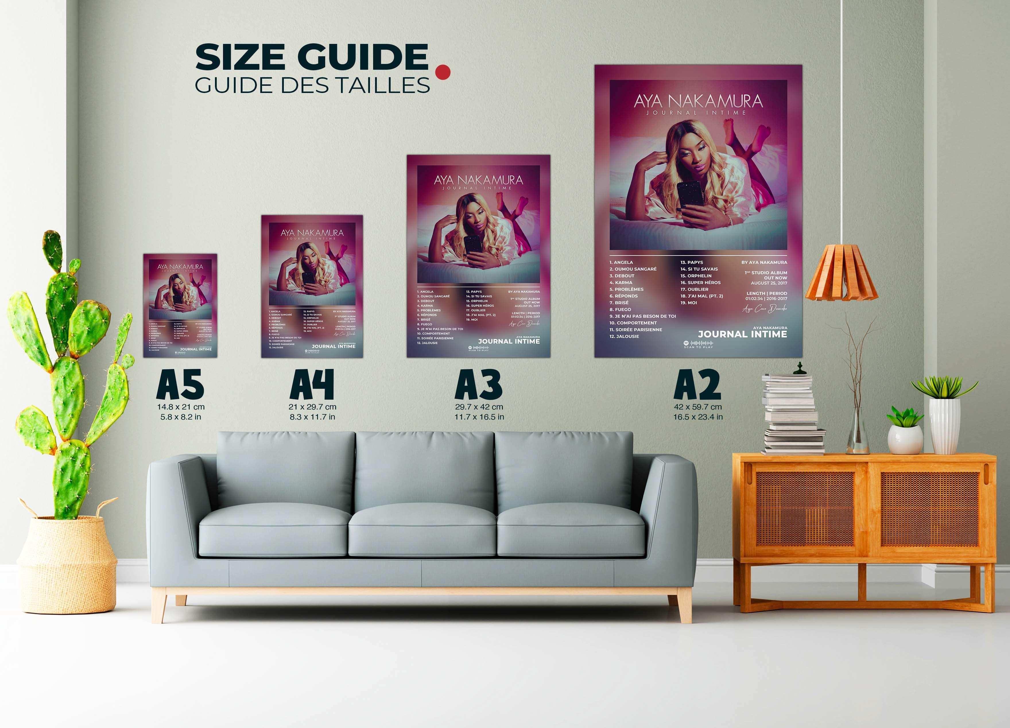 Affiches Aya Nakamura sur un mur, plusieurs tailles visibles, faites en France, livraison gratuite 48h, cadeau idéal Noël