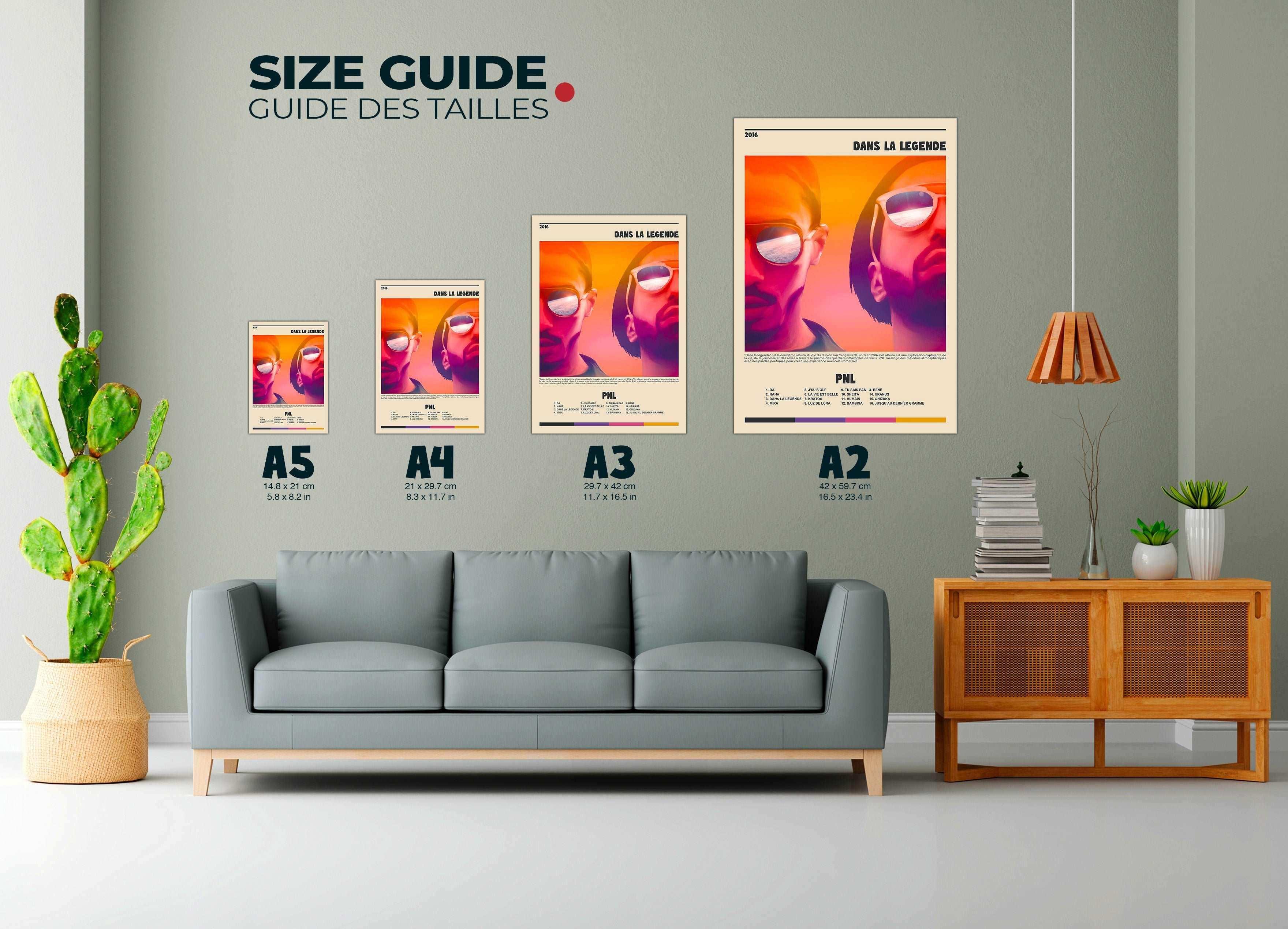 Posters PNL faits en France, livraison gratuite 48h, cadeau idéal Noël, guide tailles mur